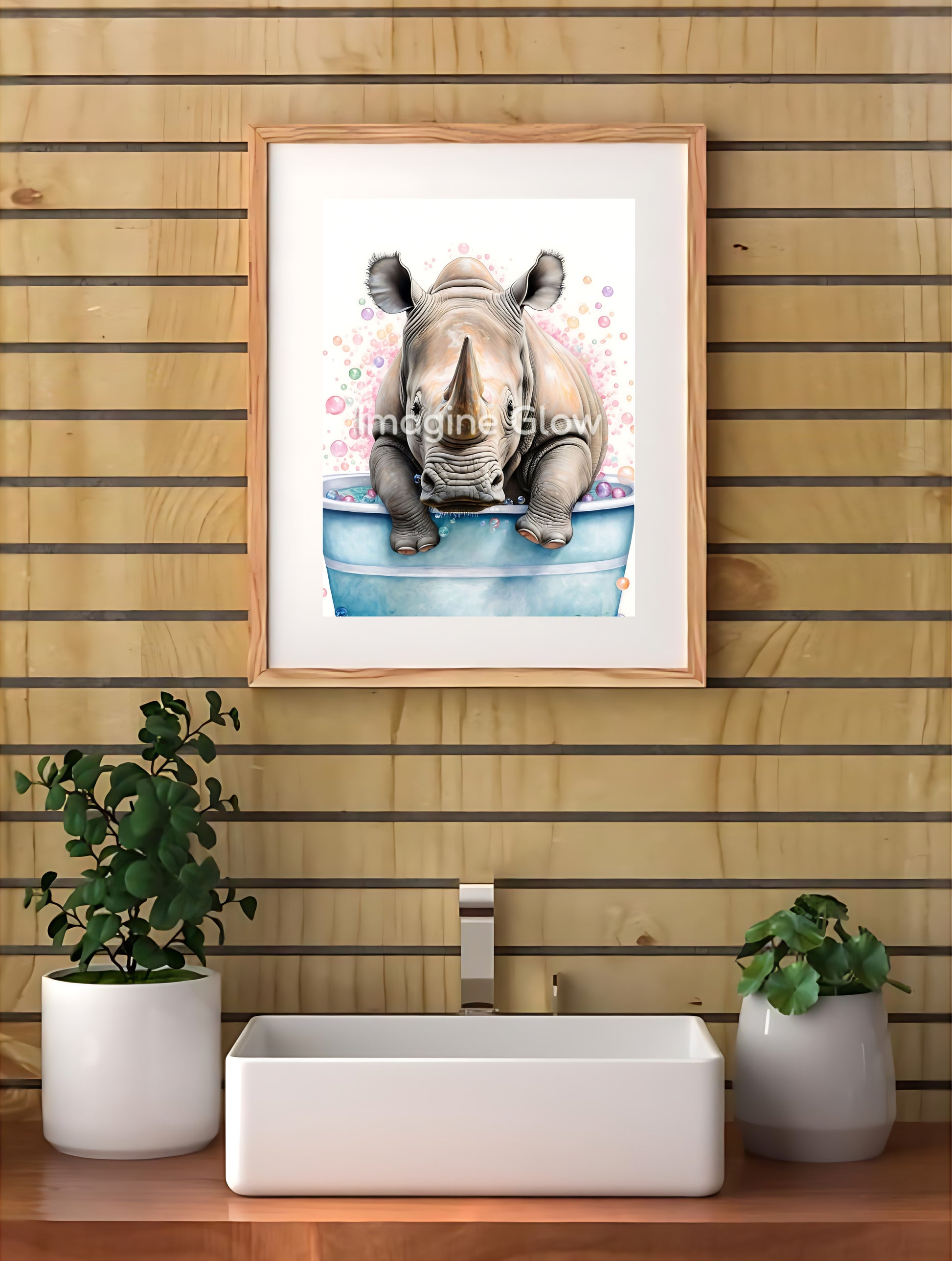 Humorous bathroom wall art with a playful rhinoceros in a bubble bath