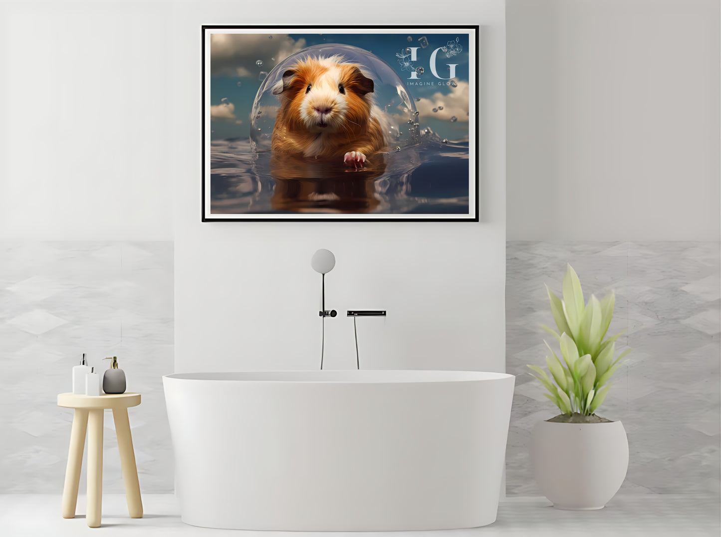 Humorous bathroom wall art showcasing a playful guinea pig in a bubbly bath