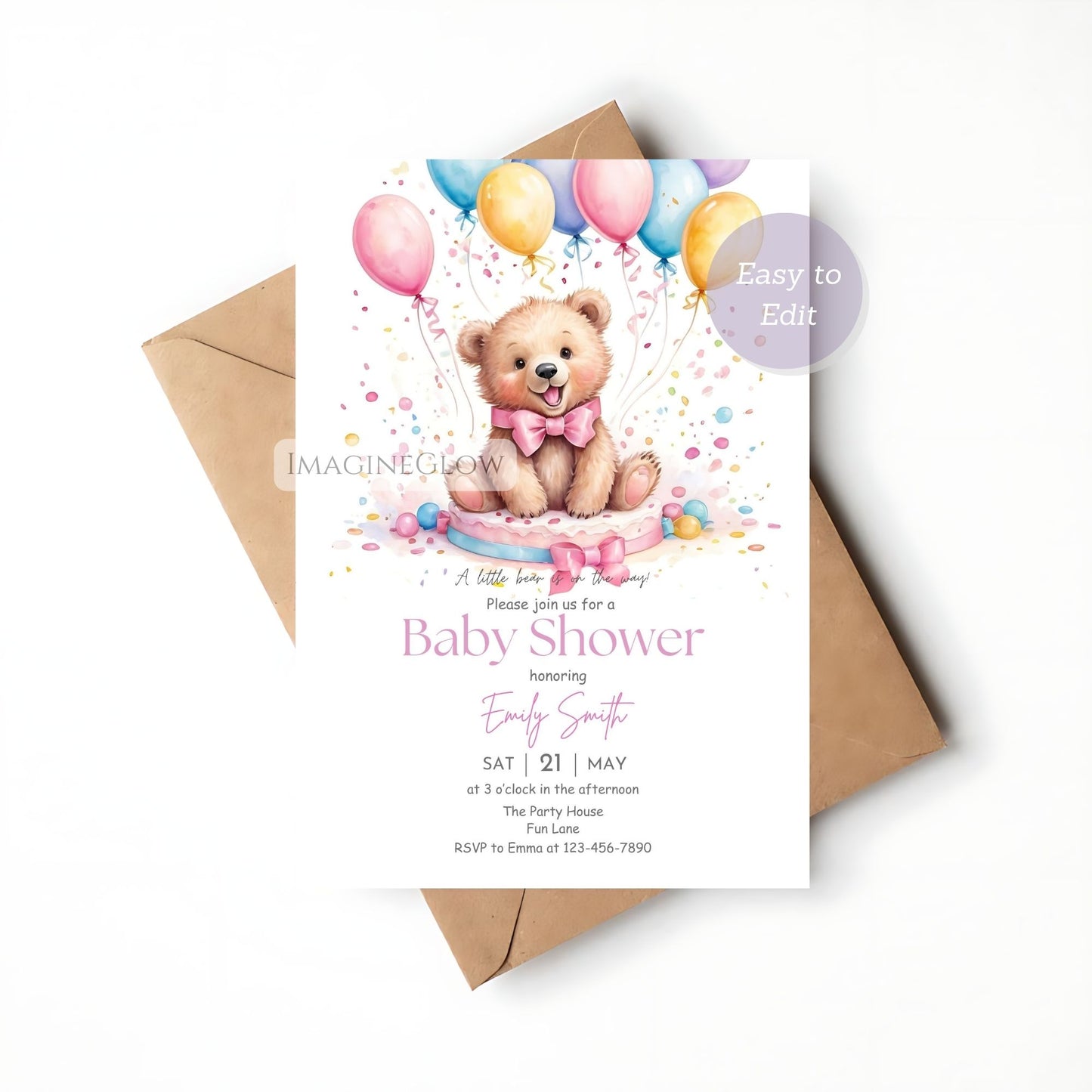 Floral bear baby girl shower invitation