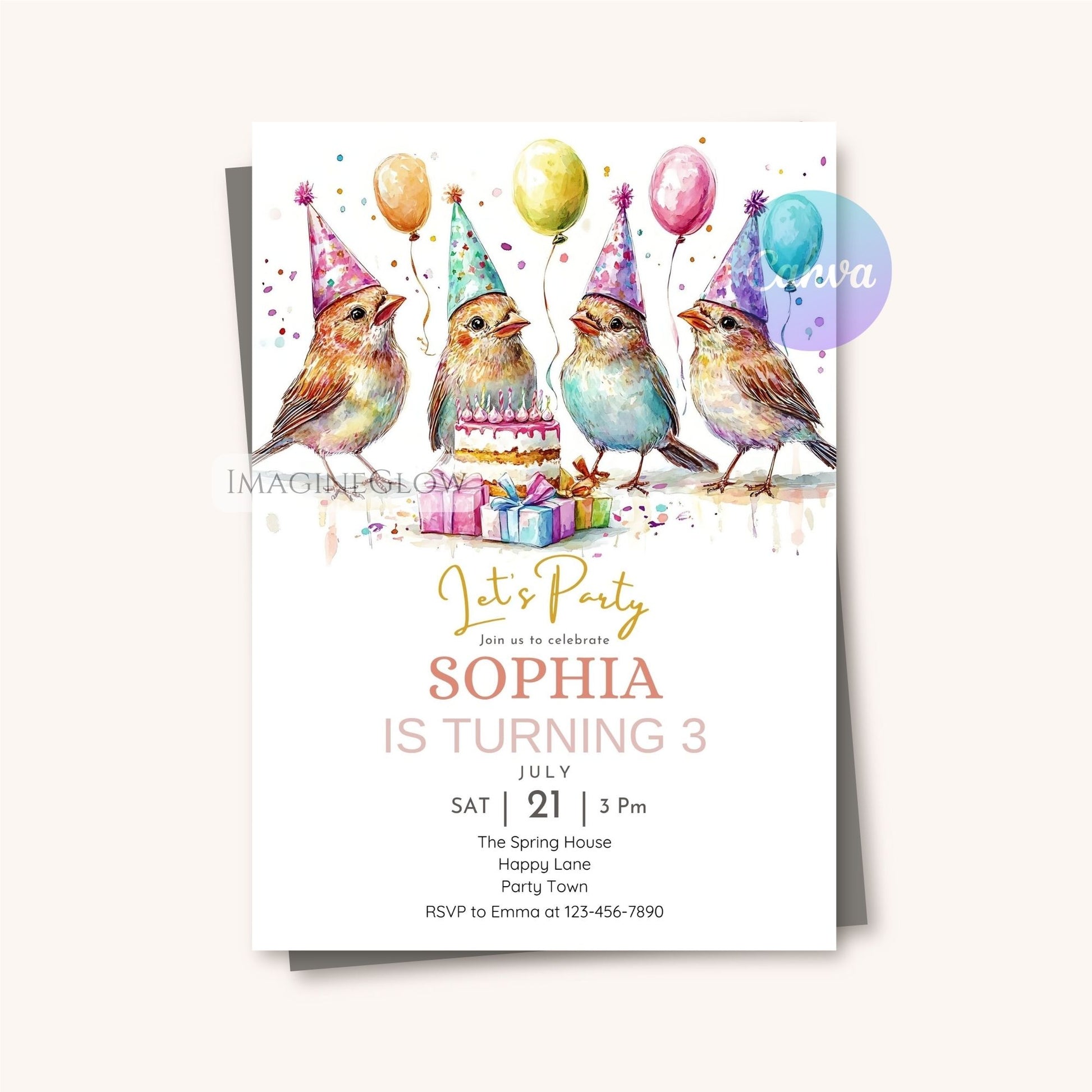 Cute finch bird birthday card
Finch garden party invite