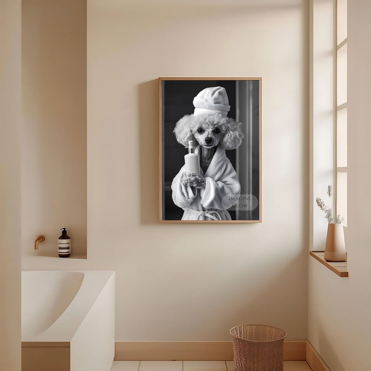 Restroom wall art with Poodle illustration in black and white