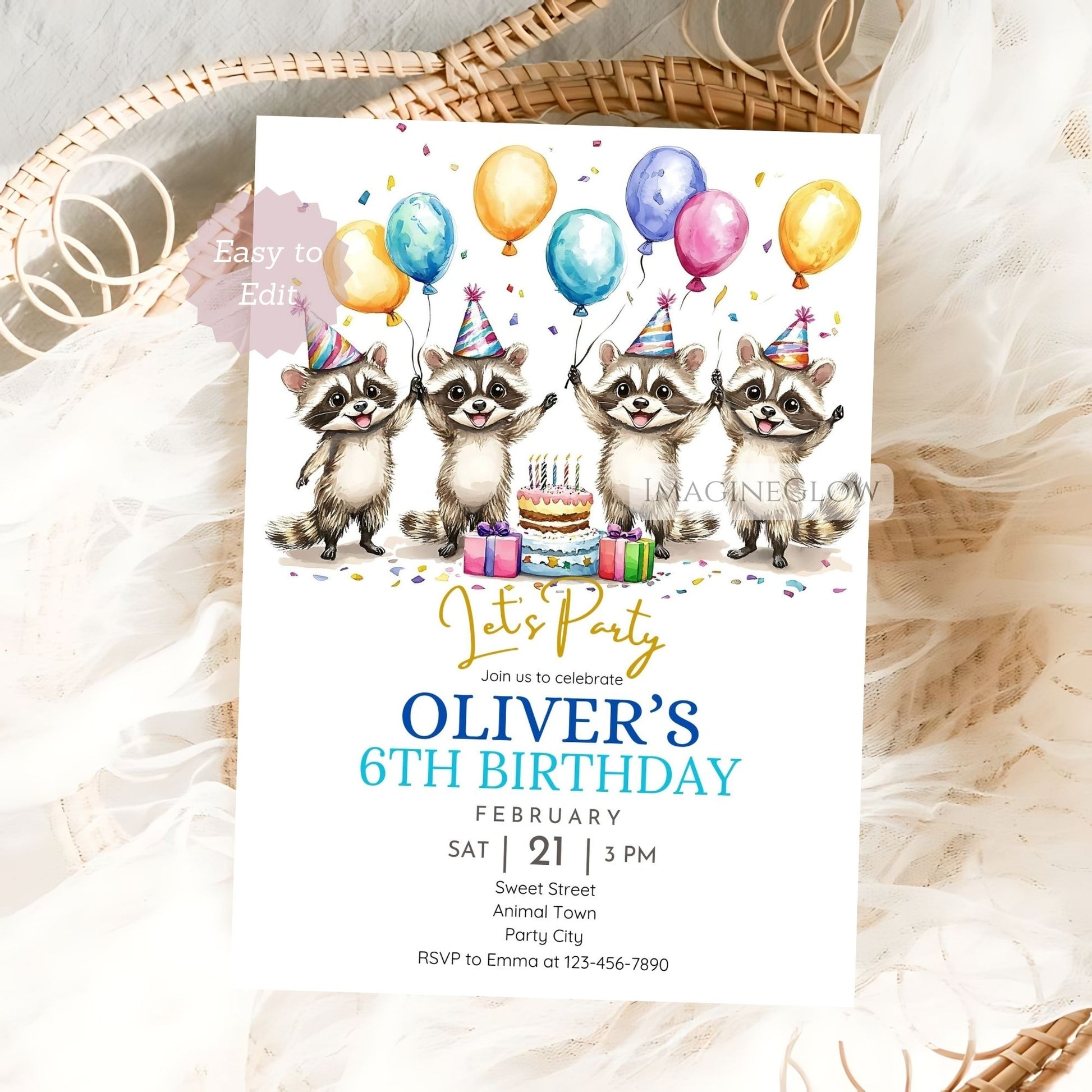 Editable raccoon birthday template boy