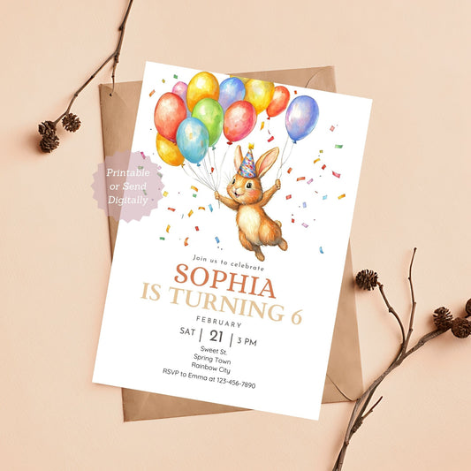 Bunny birthday invitation with balloons, editable and printable.