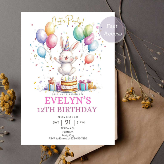 Bunny birthday invitation with pastel balloons, printable.