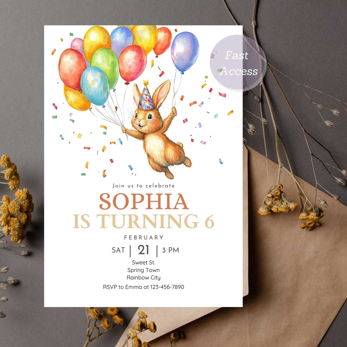 Whimsical bunny-themed birthday invitation, digital download.