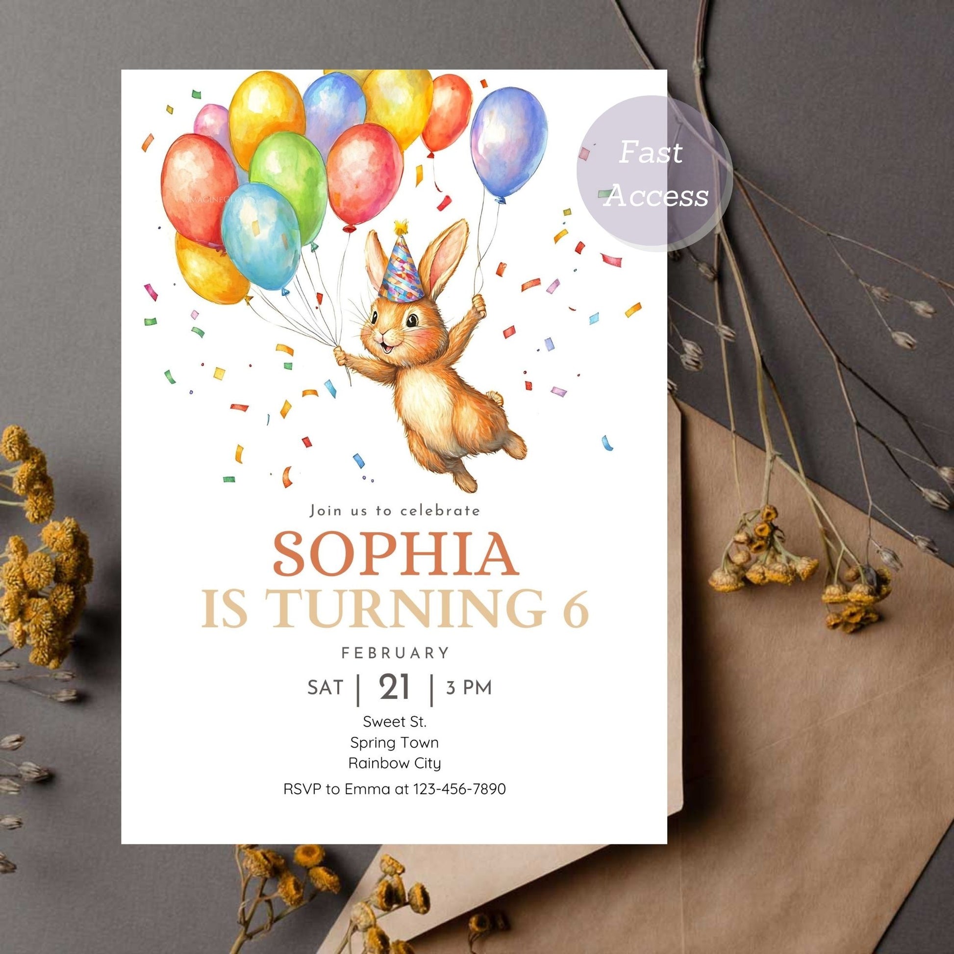 Whimsical bunny-themed birthday invitation, digital download.