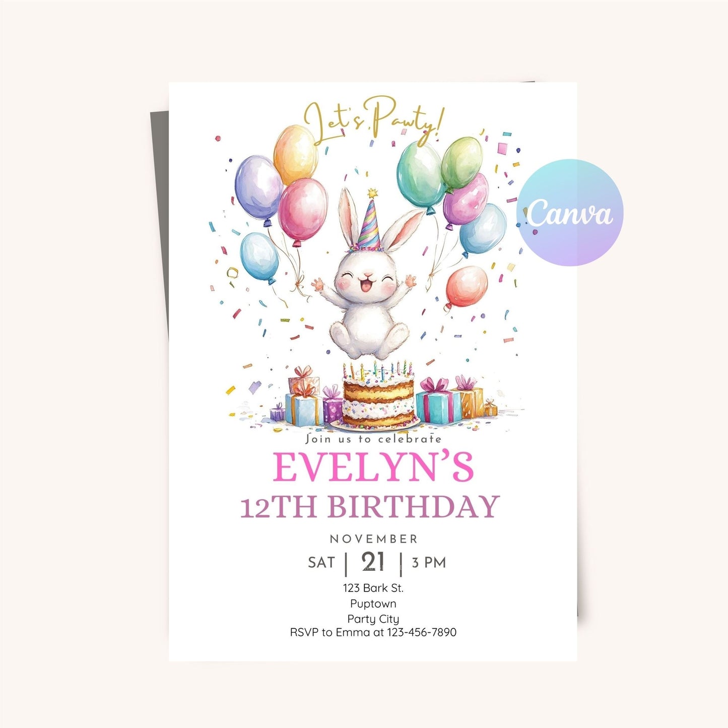 Cute rabbit holding balloons birthday party invite, digital.