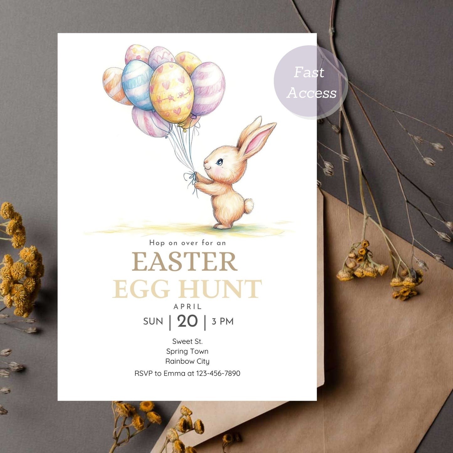 Spring-themed bunny invitation for a festive Easter gathering.
Editable digital invitation for Easter brunch and egg hunt.
