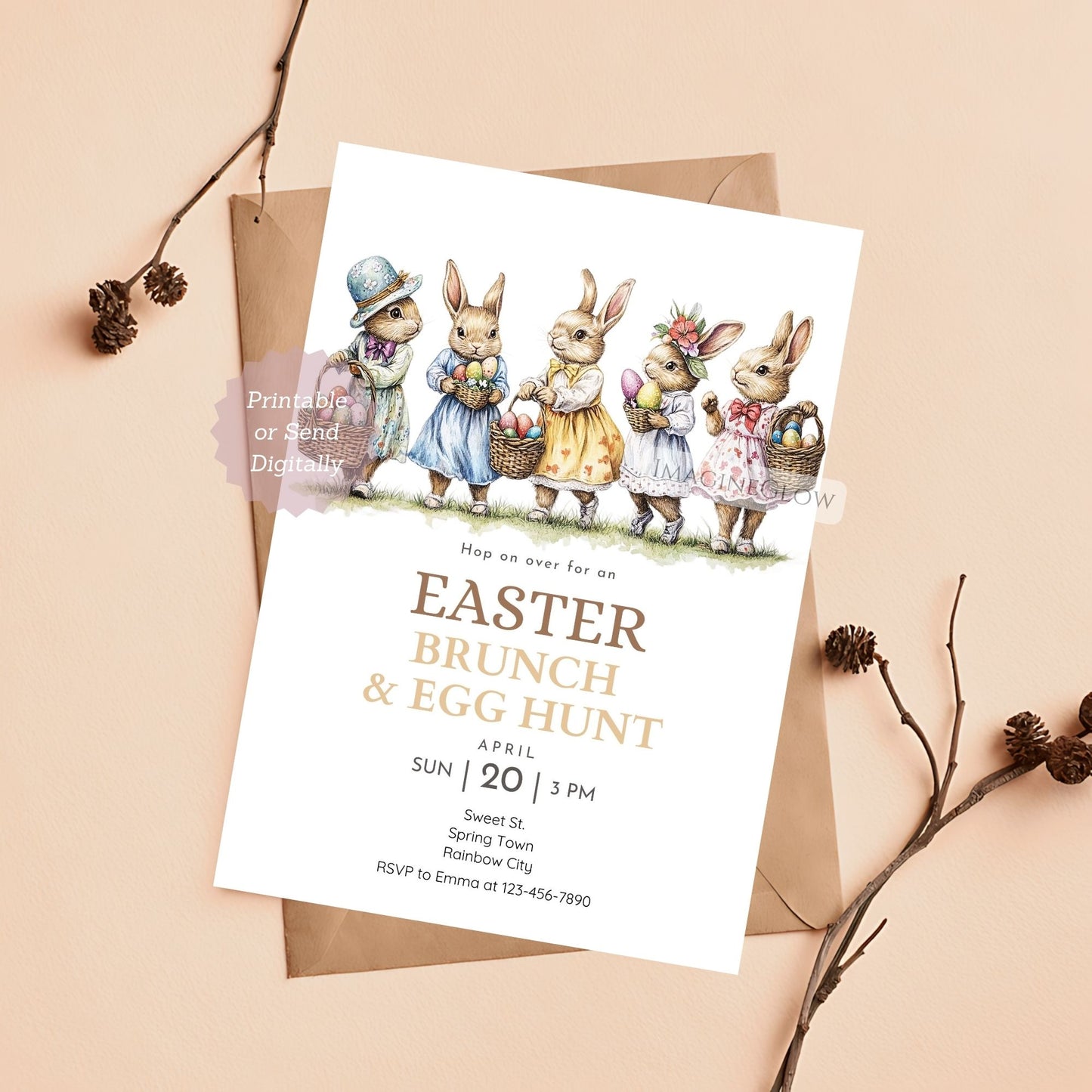 Vintage Easter brunch invitation with bunnies