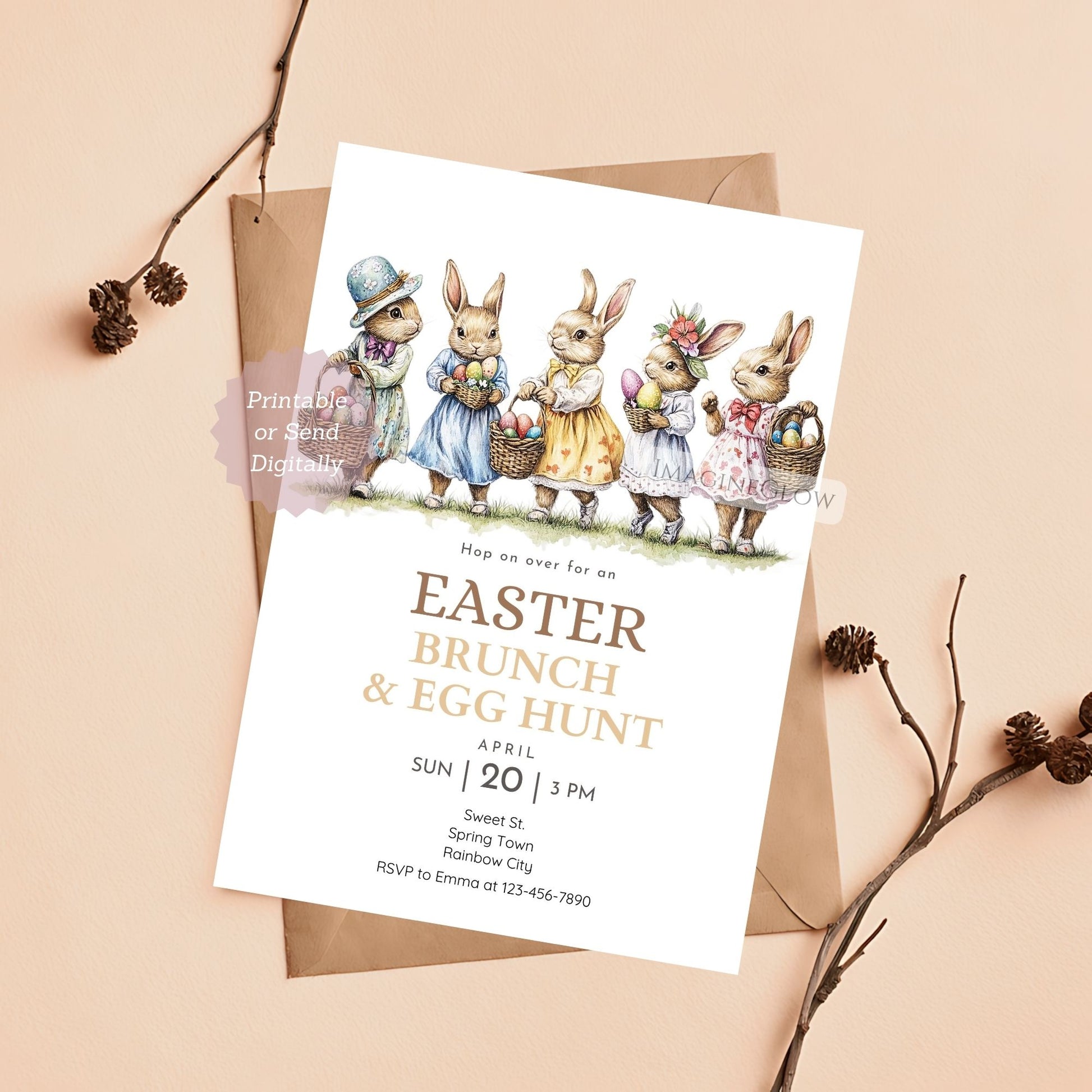 Vintage Easter brunch invitation with bunnies