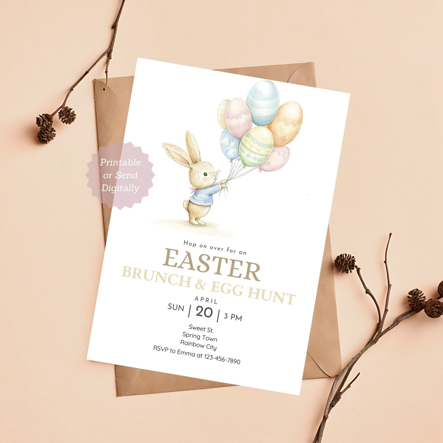 Bunny with balloons Easter brunch and egg hunt invitation.
Pastel Easter invitation featuring a bunny holding balloons.