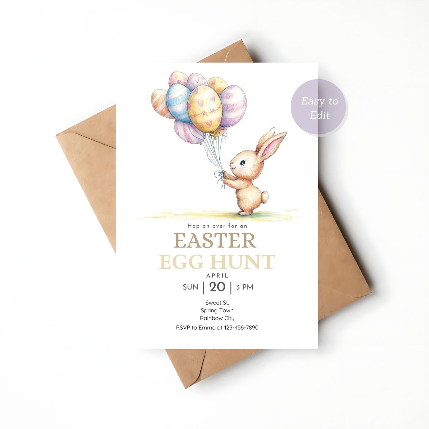 Cute Easter egg hunt invite with a bunny holding balloons.