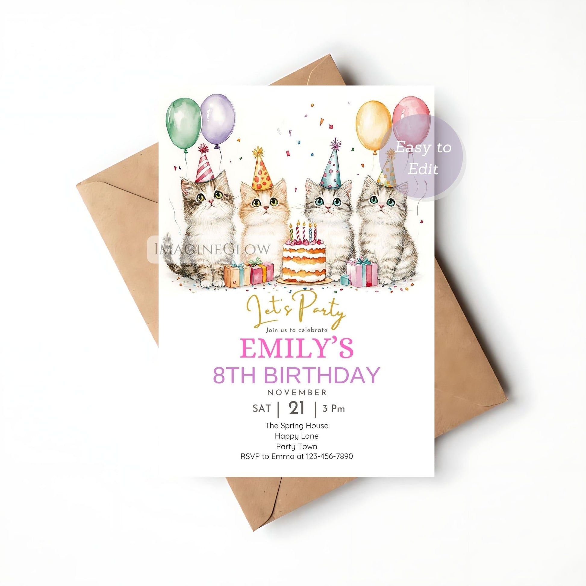 Printable kitty birthday card for kids
Cat-themed birthday invitation with pastel colors