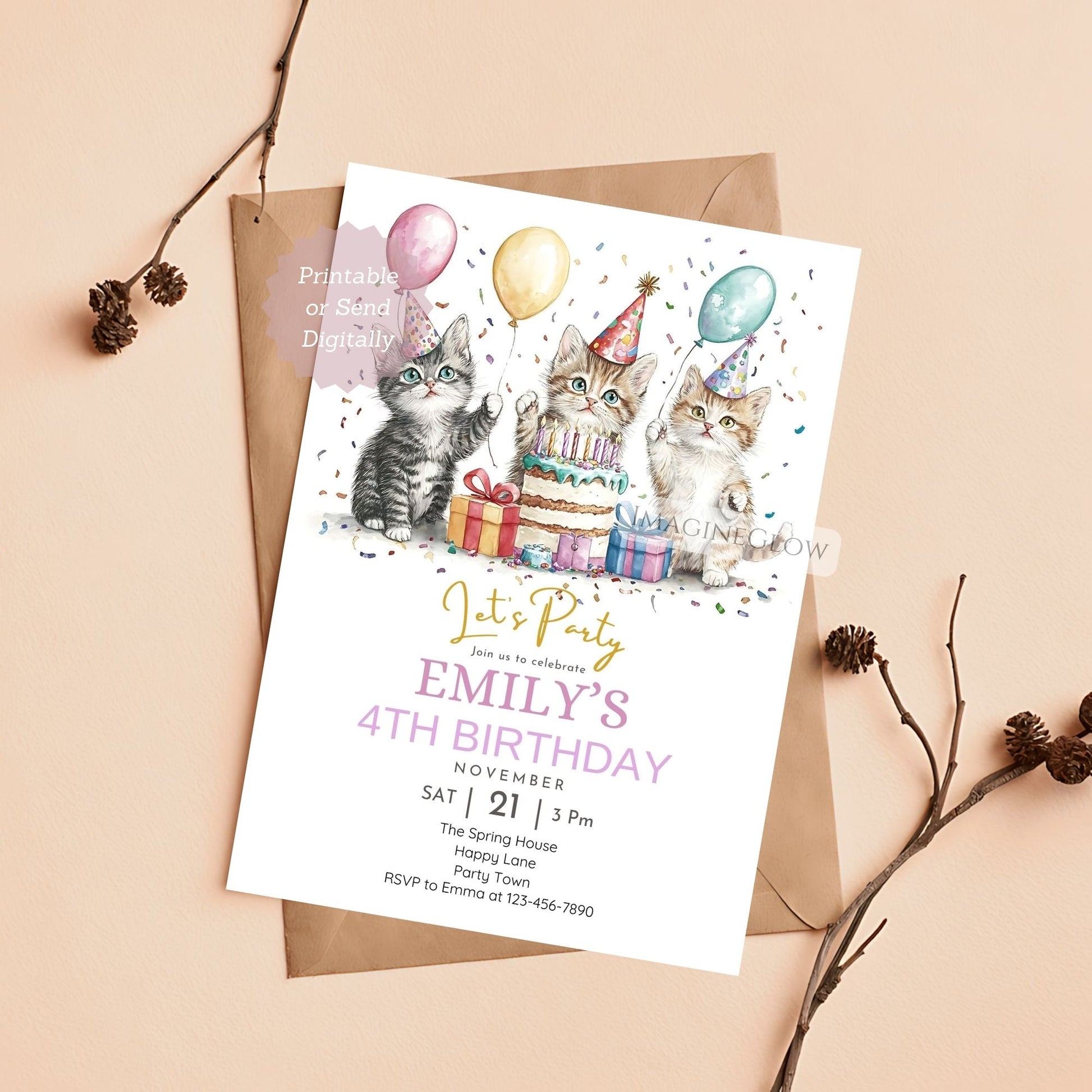 3 cats birthday invitation with cute kittens