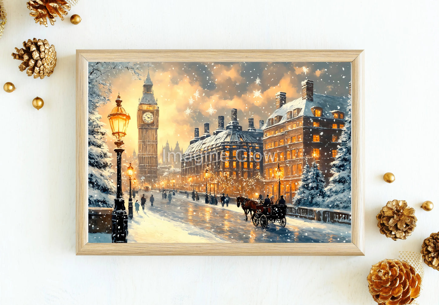 Charming city skyline adorned with snow and decorations, perfect for holiday wall decor.