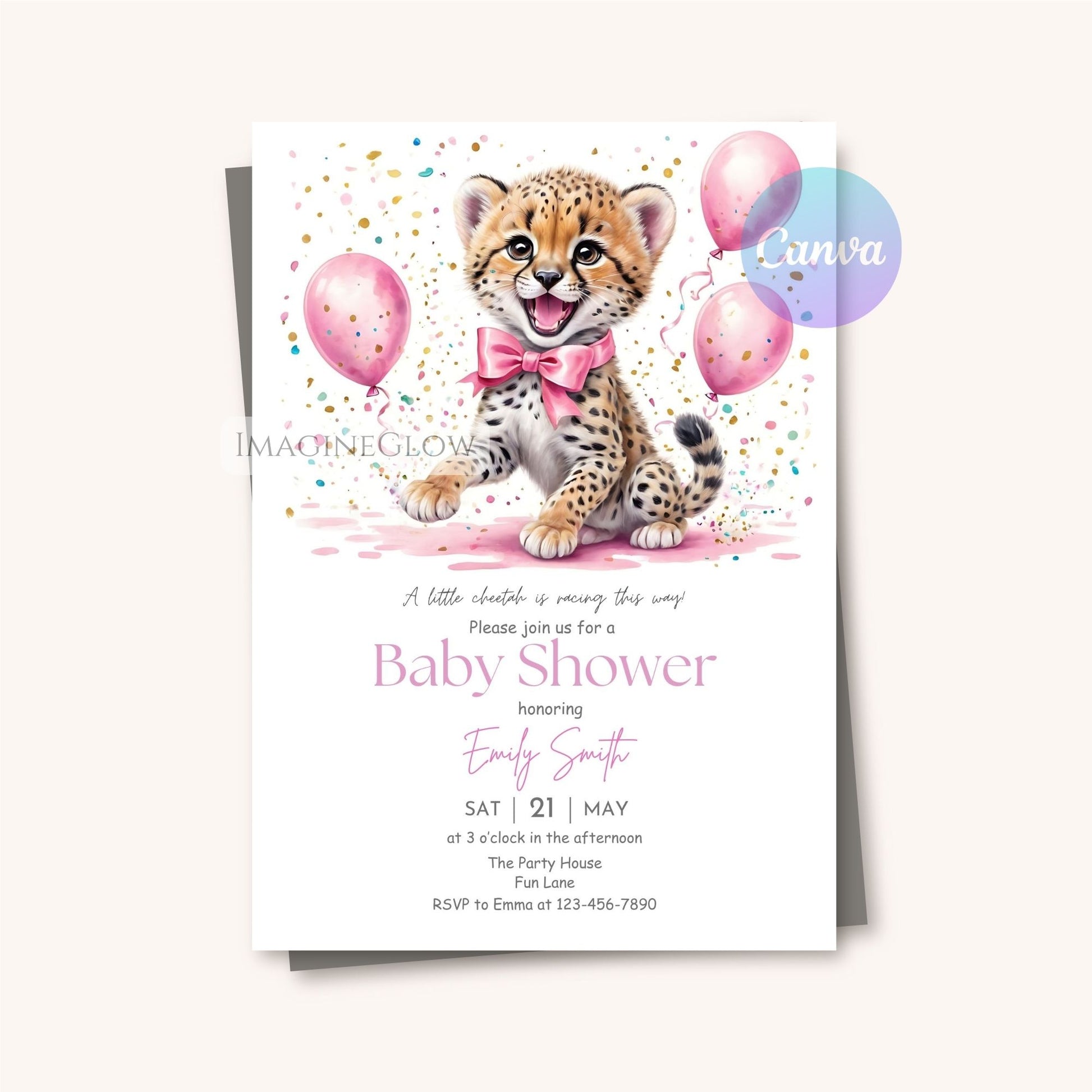 Wild animal baby shower invitation with cheetah design