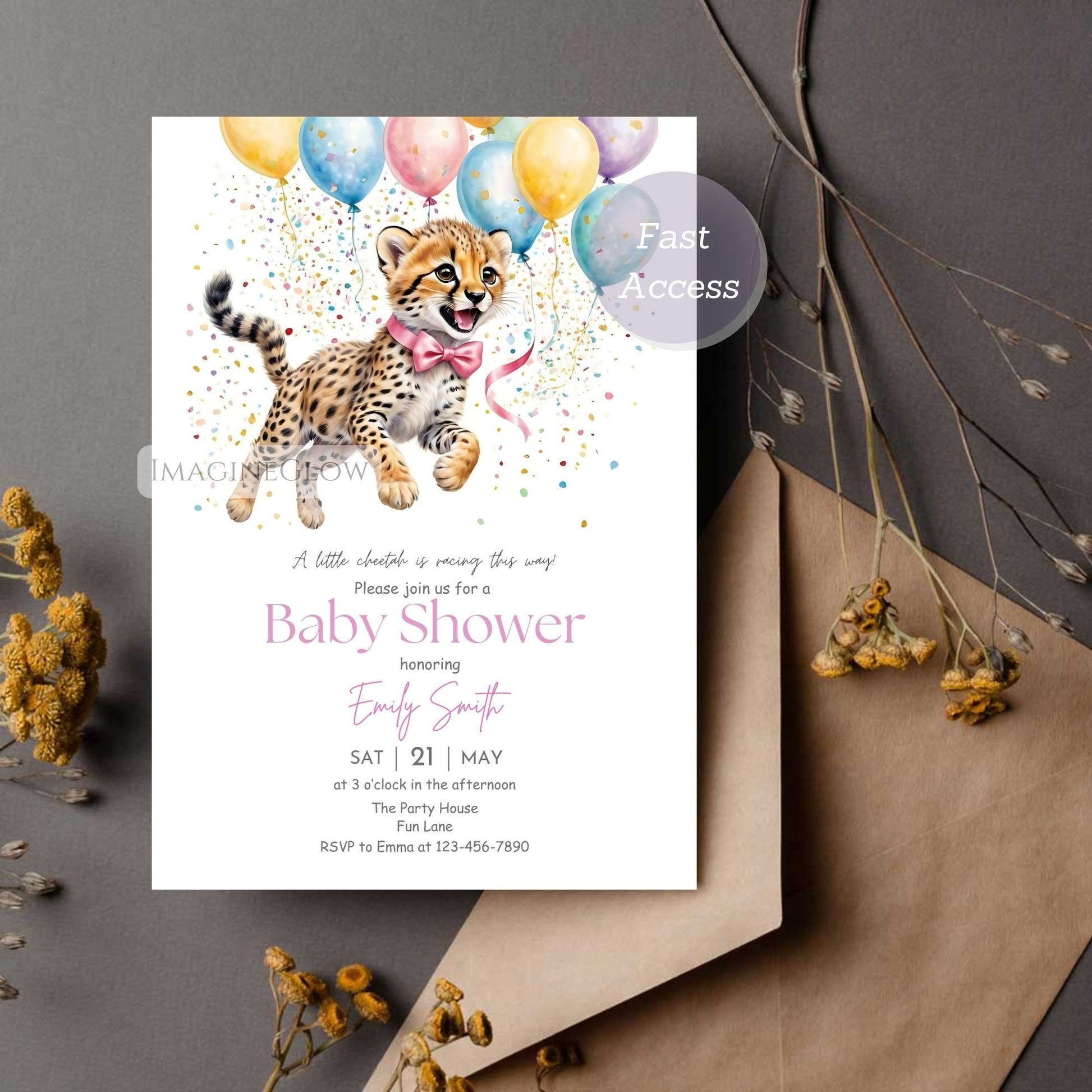 Editable jungle cheetah invite for baby girl
Blush pink cheetah baby shower invitation
