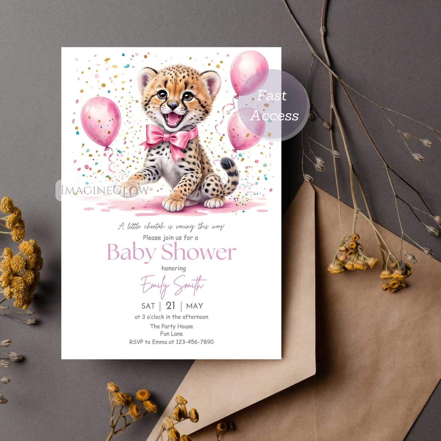 Cheetah baby shower invitation with safari theme
