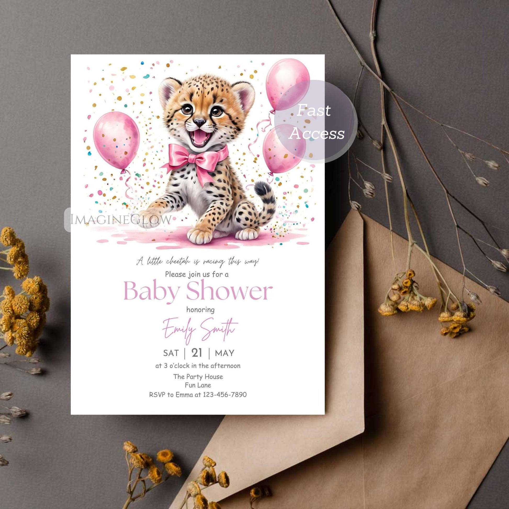 Cheetah baby shower invitation with safari theme