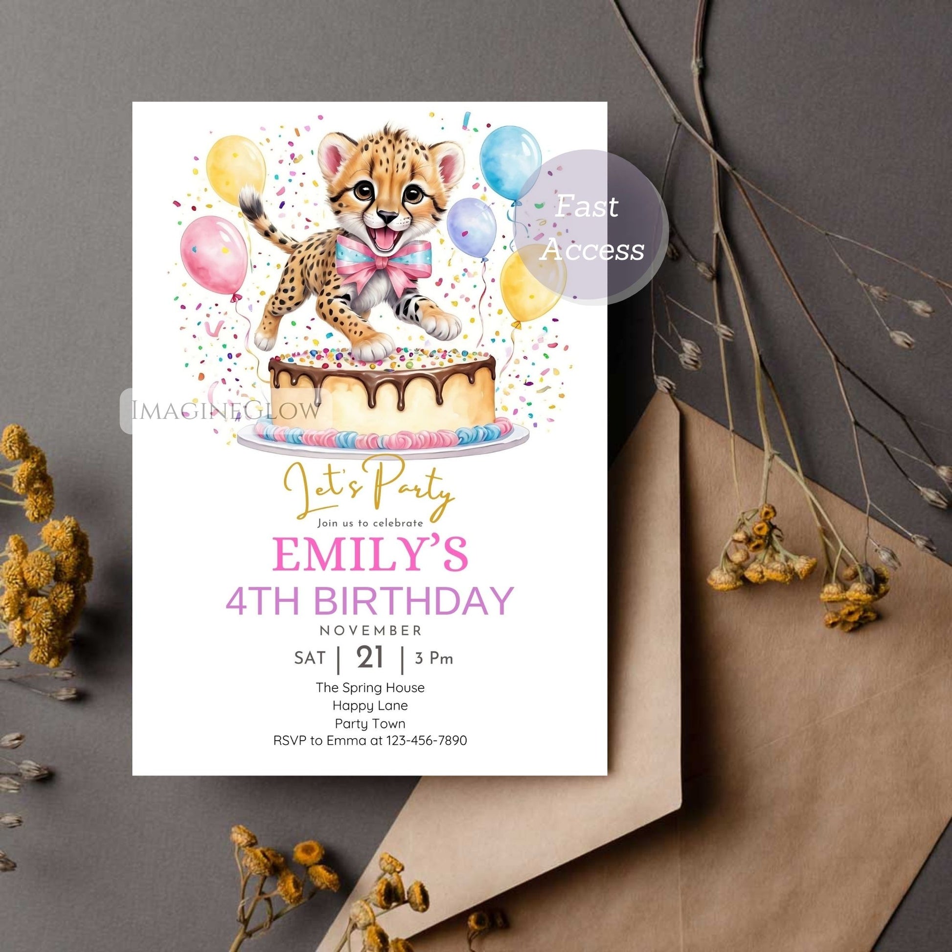 Cheetah birthday invitation for wild cat themed party