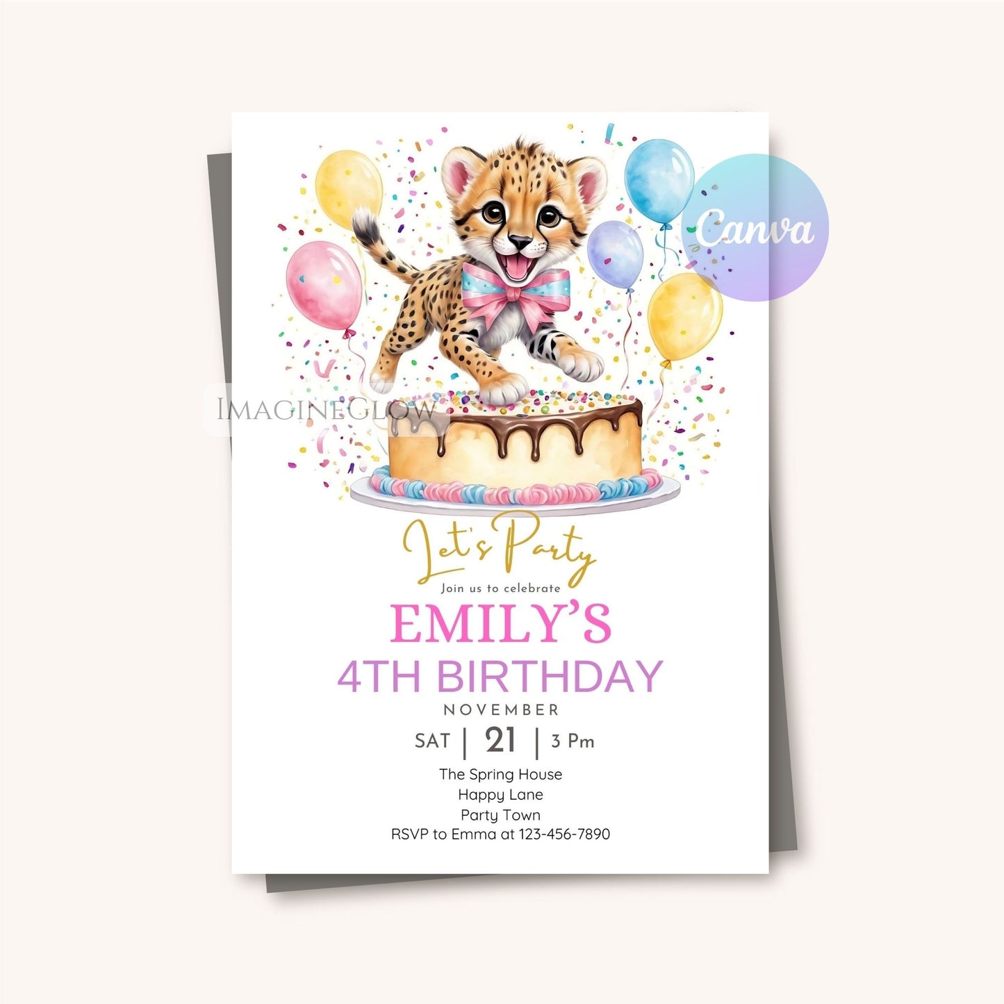 Editable Cheetah birthday invite with wild animal design