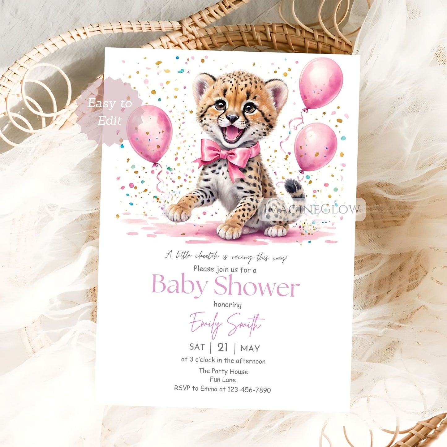 Cheetah baby shower invite with green jungle leaves