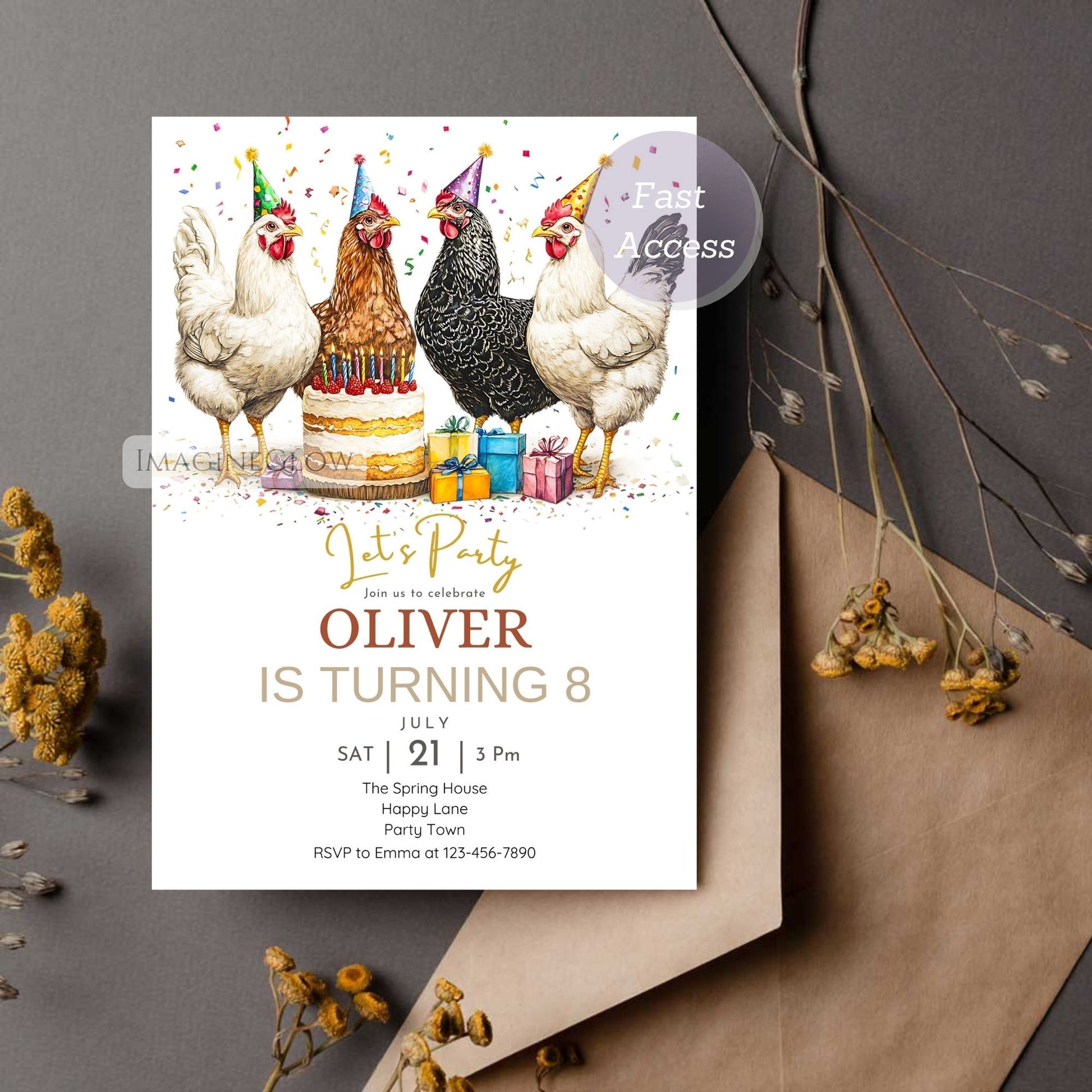 Rustic chicken-themed birthday invitation