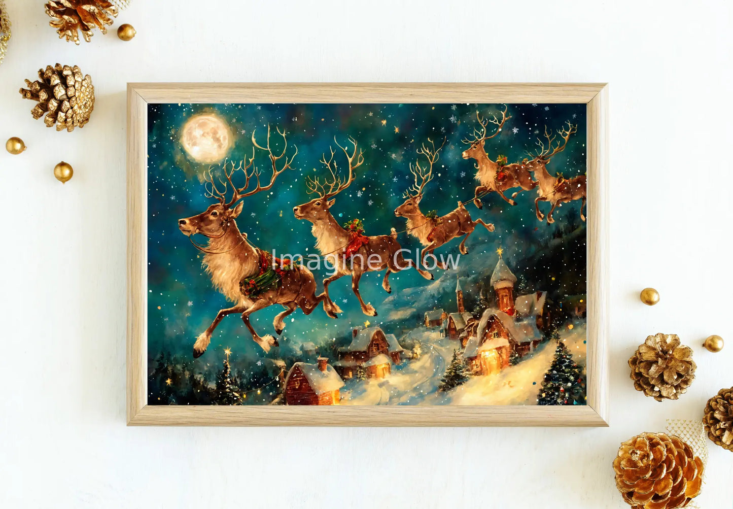 Christmas reindeers art print featuring festive reindeers in a winter scene.