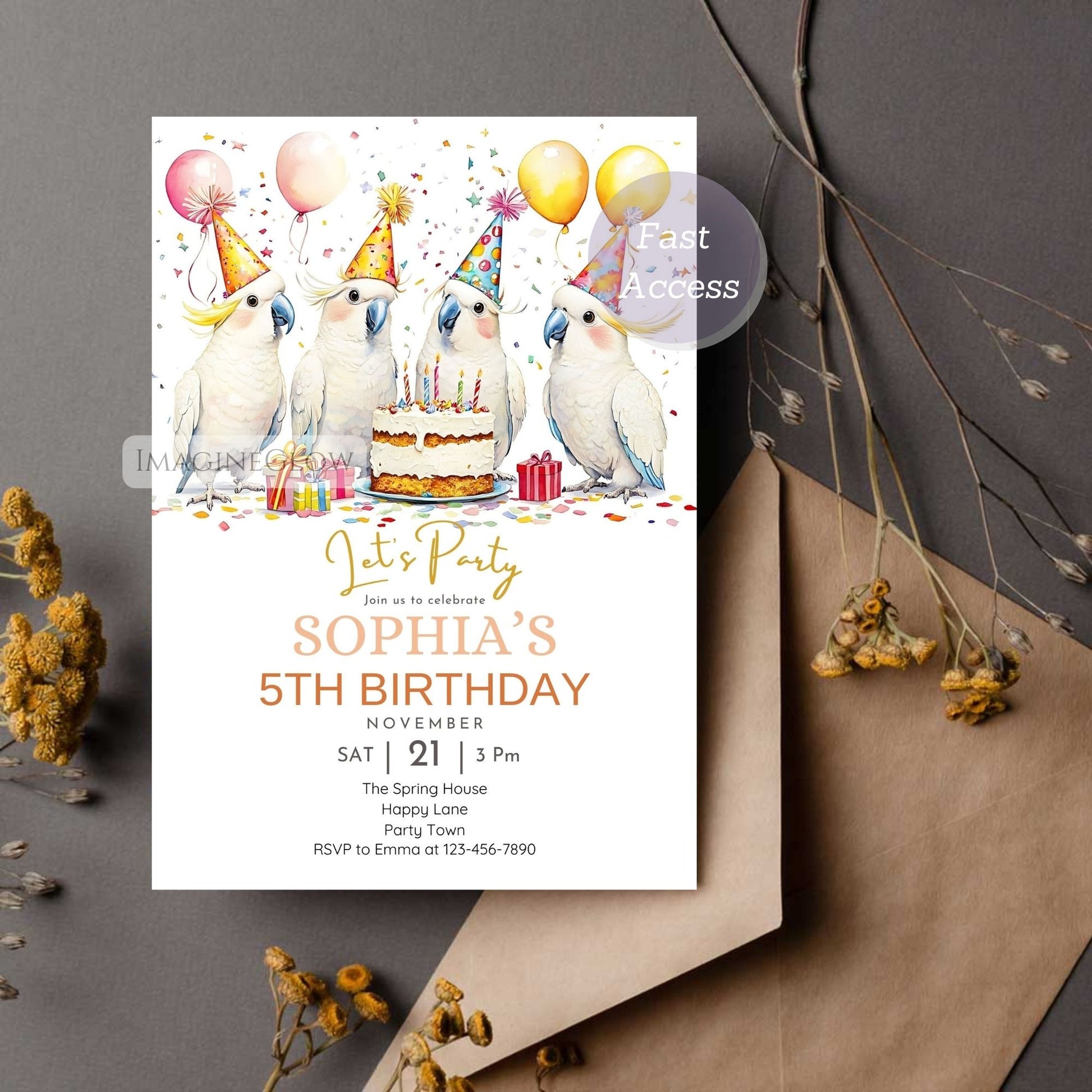 Editable cockatoo digital birthday card
Cute parrot invitation for children's party