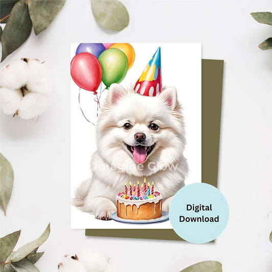 White Pomeranian dog birthday card with a cute design.