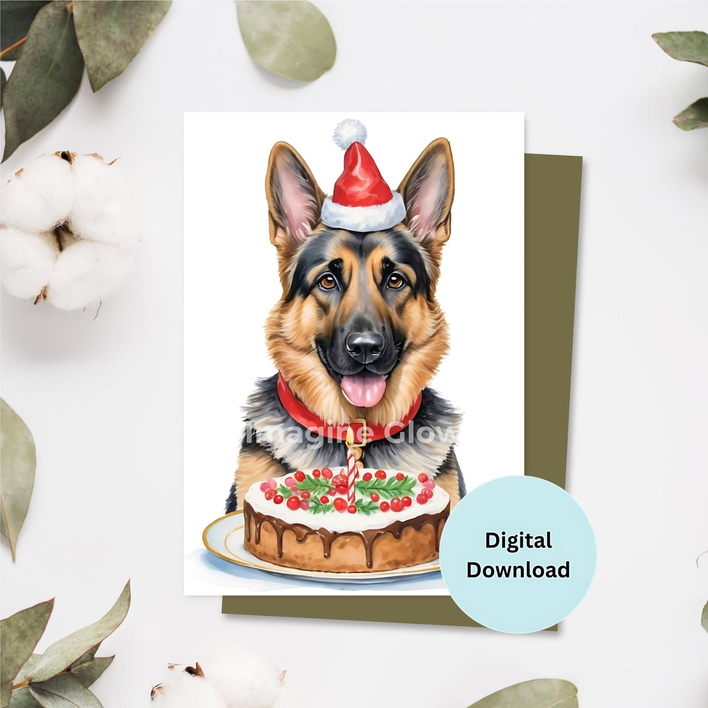 Festive German Shepherd Christmas card, perfect for pet lovers during the holiday season.