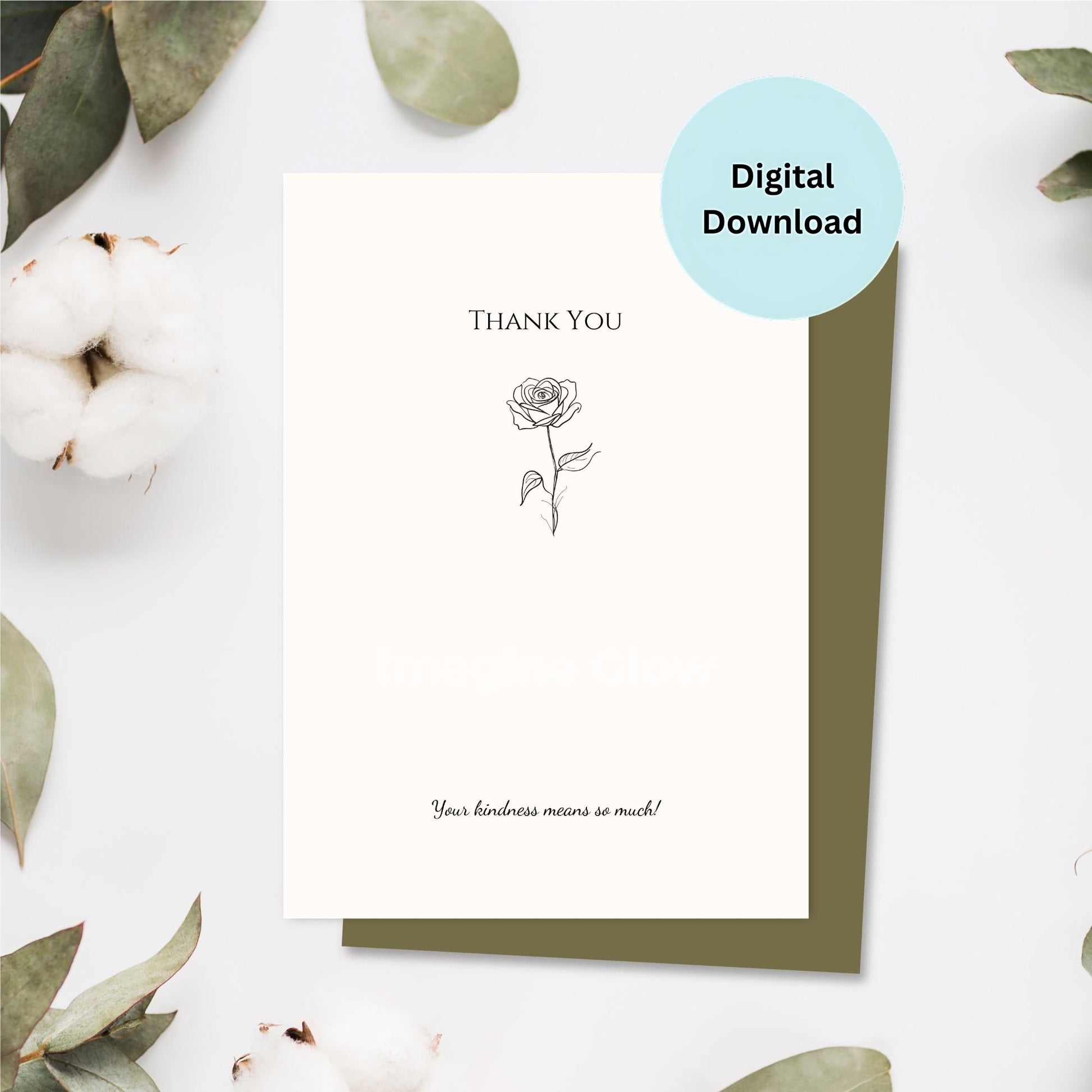 Printable thank you card featuring a simple, elegant rose design.