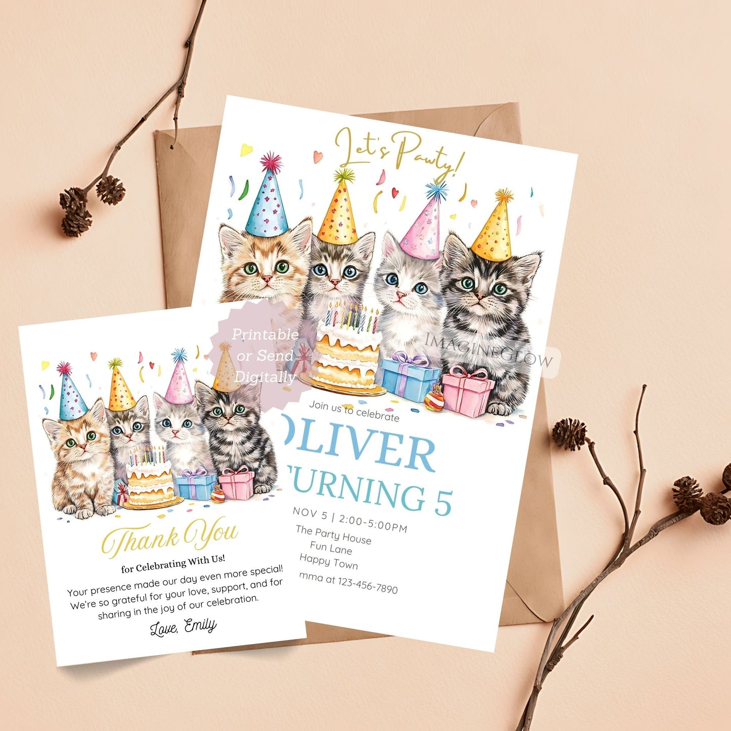 Kitty Cat Birthday Invitation & Thank You Card - Cute Cat Party Set