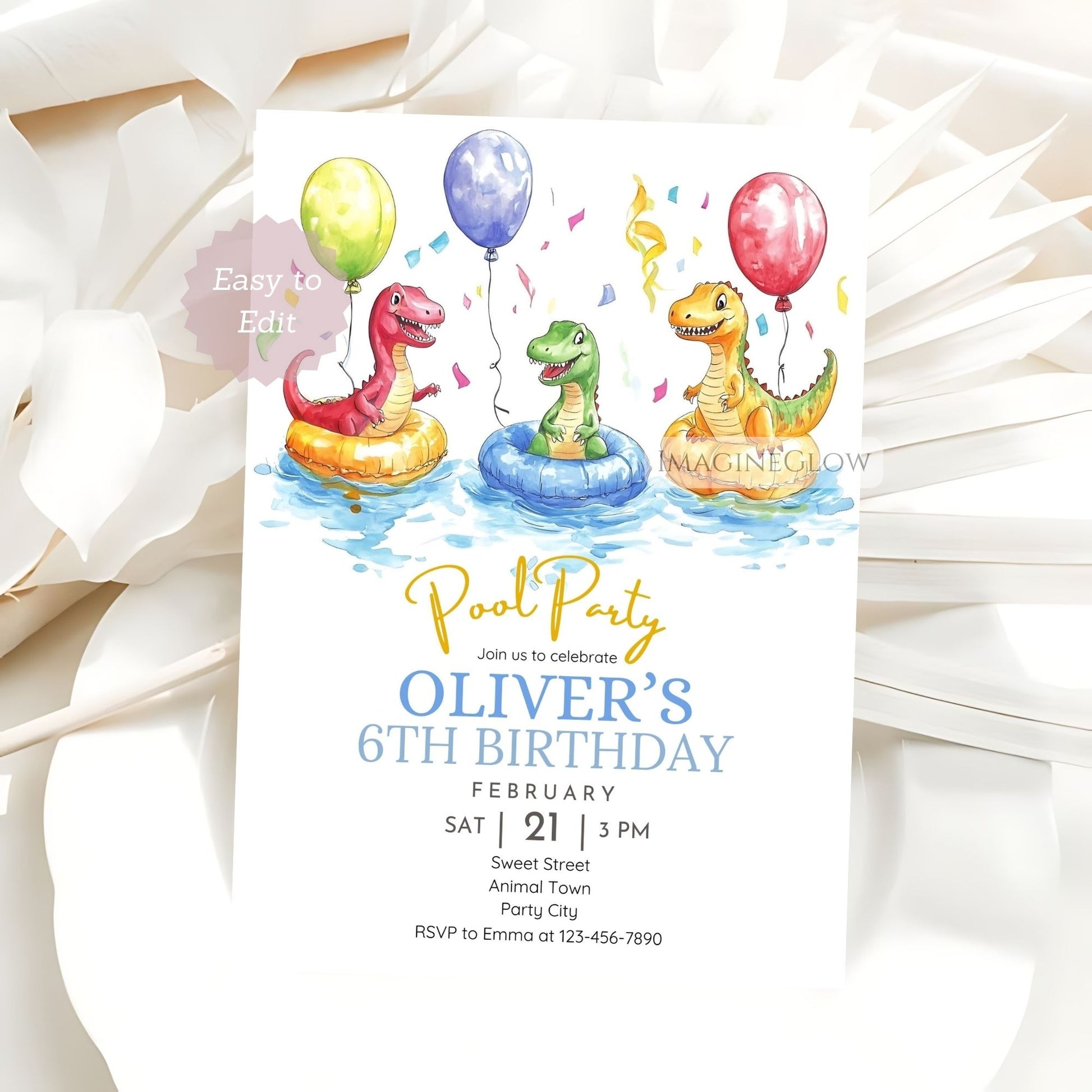 Dino pool party birthday invitation design