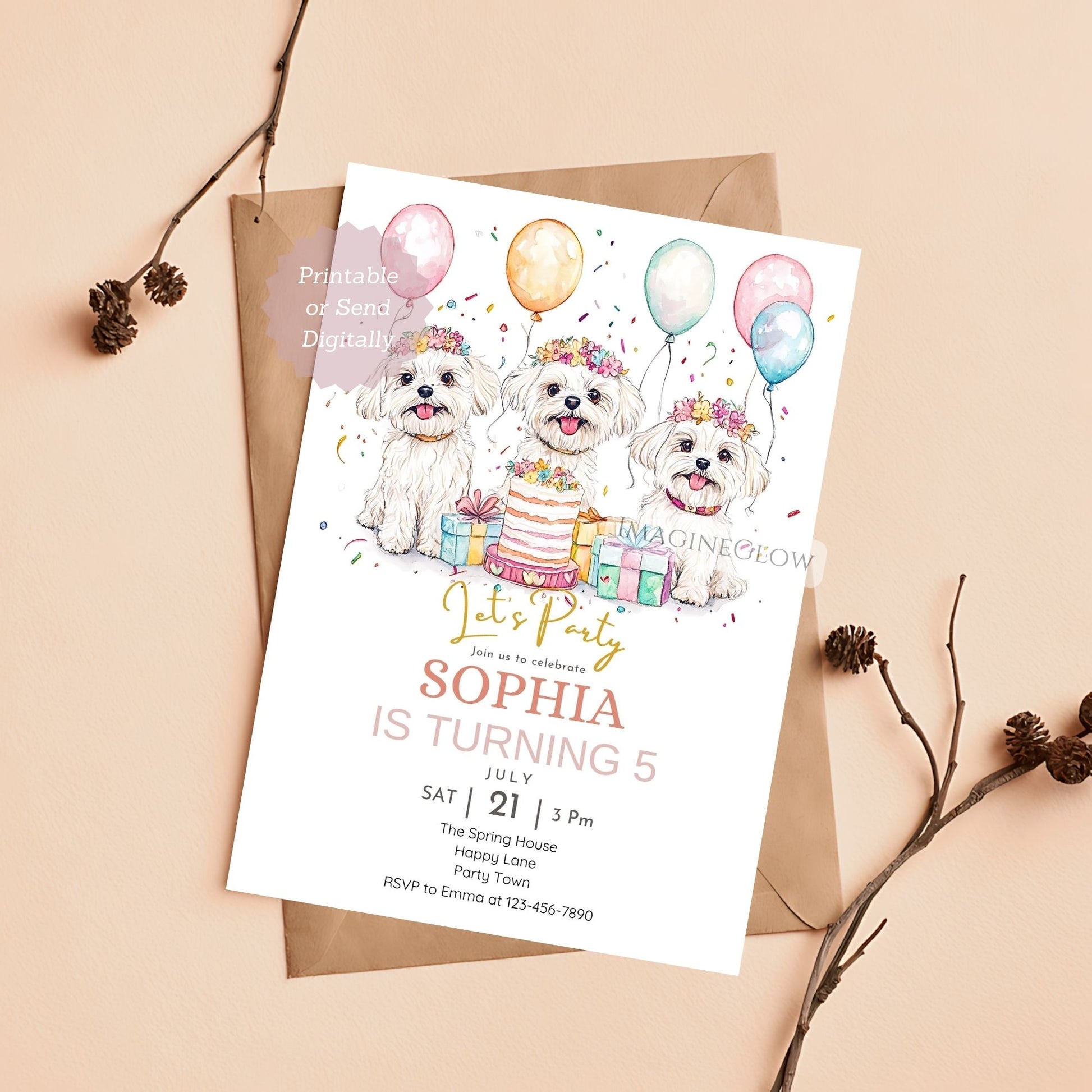 Cute white dog birthday party invitation