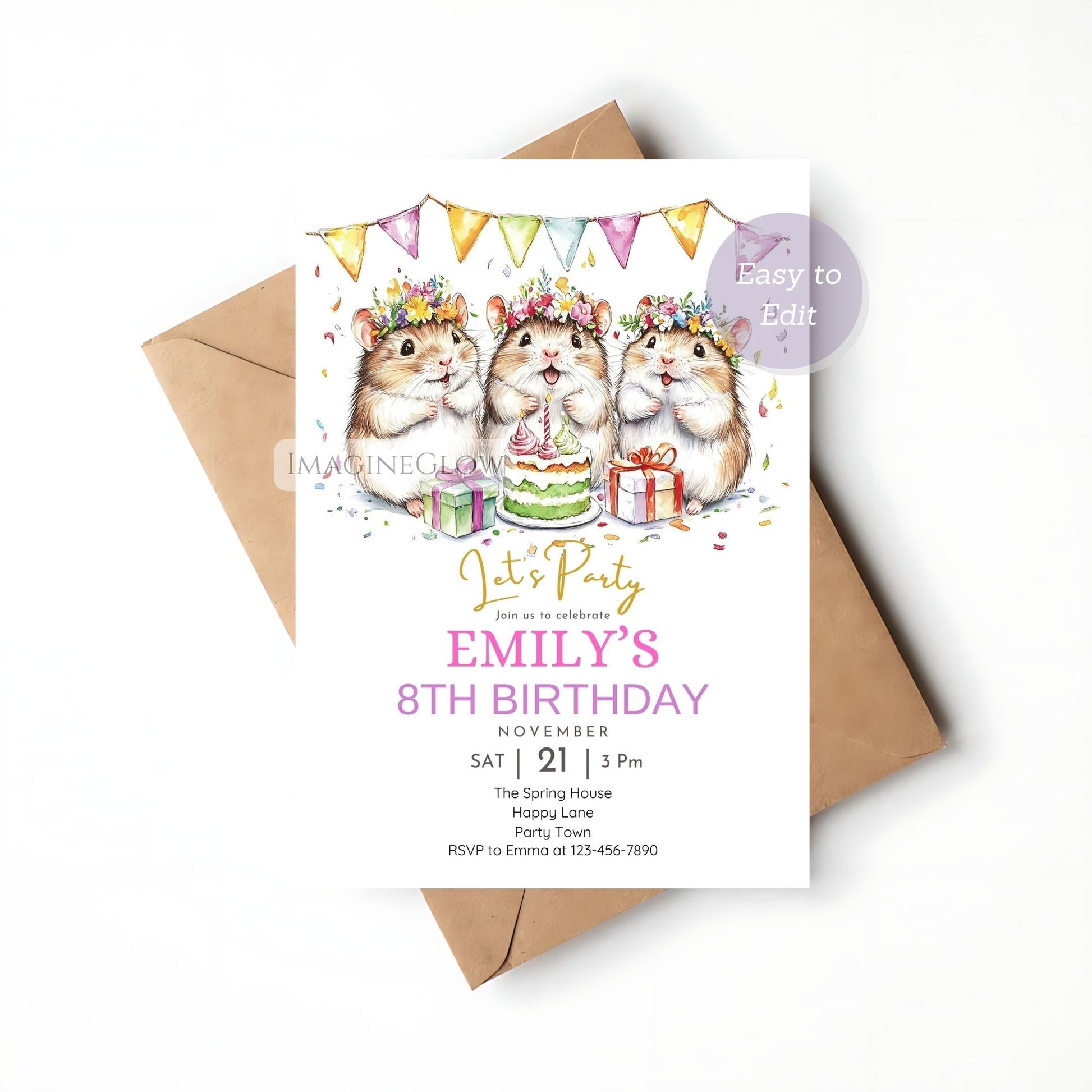 Editable small animal birthday invitation
Birthday invitation featuring cartoon hamster