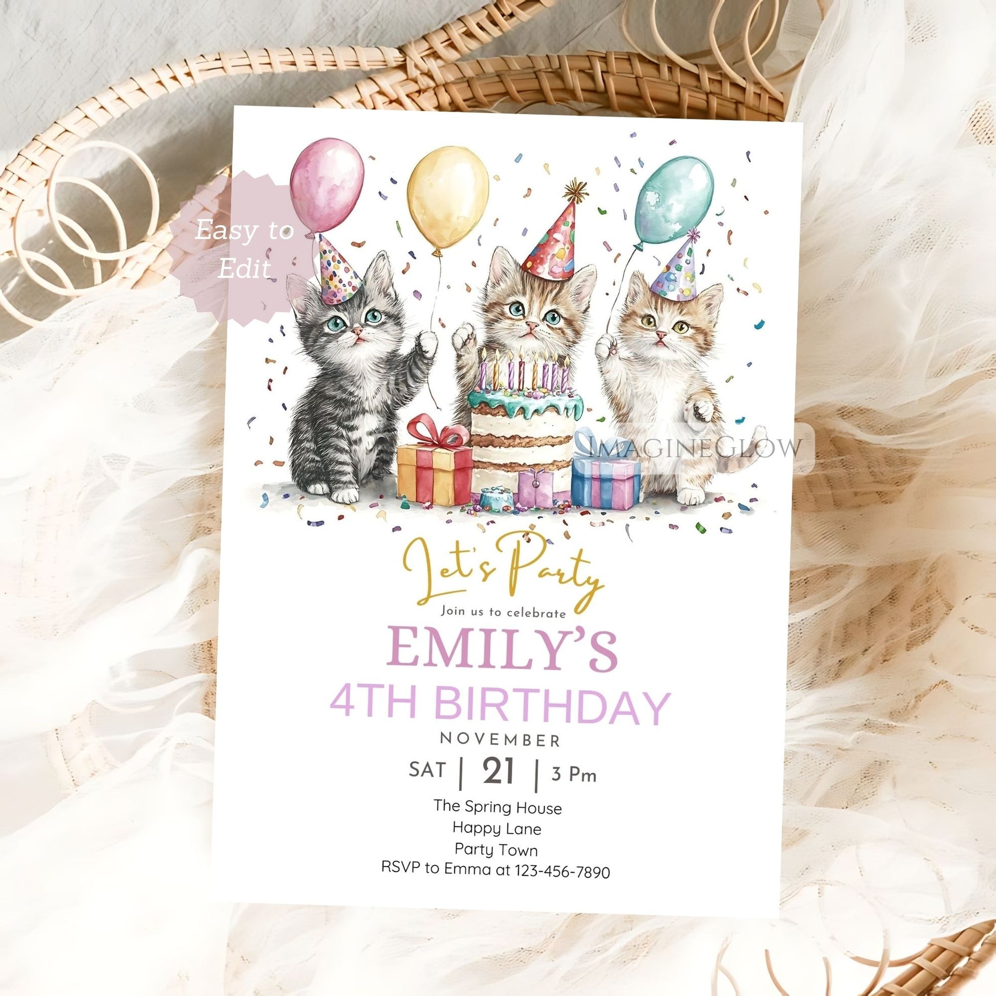 Printable cat birthday invitation for girls
Kitten trio birthday party invite digital download