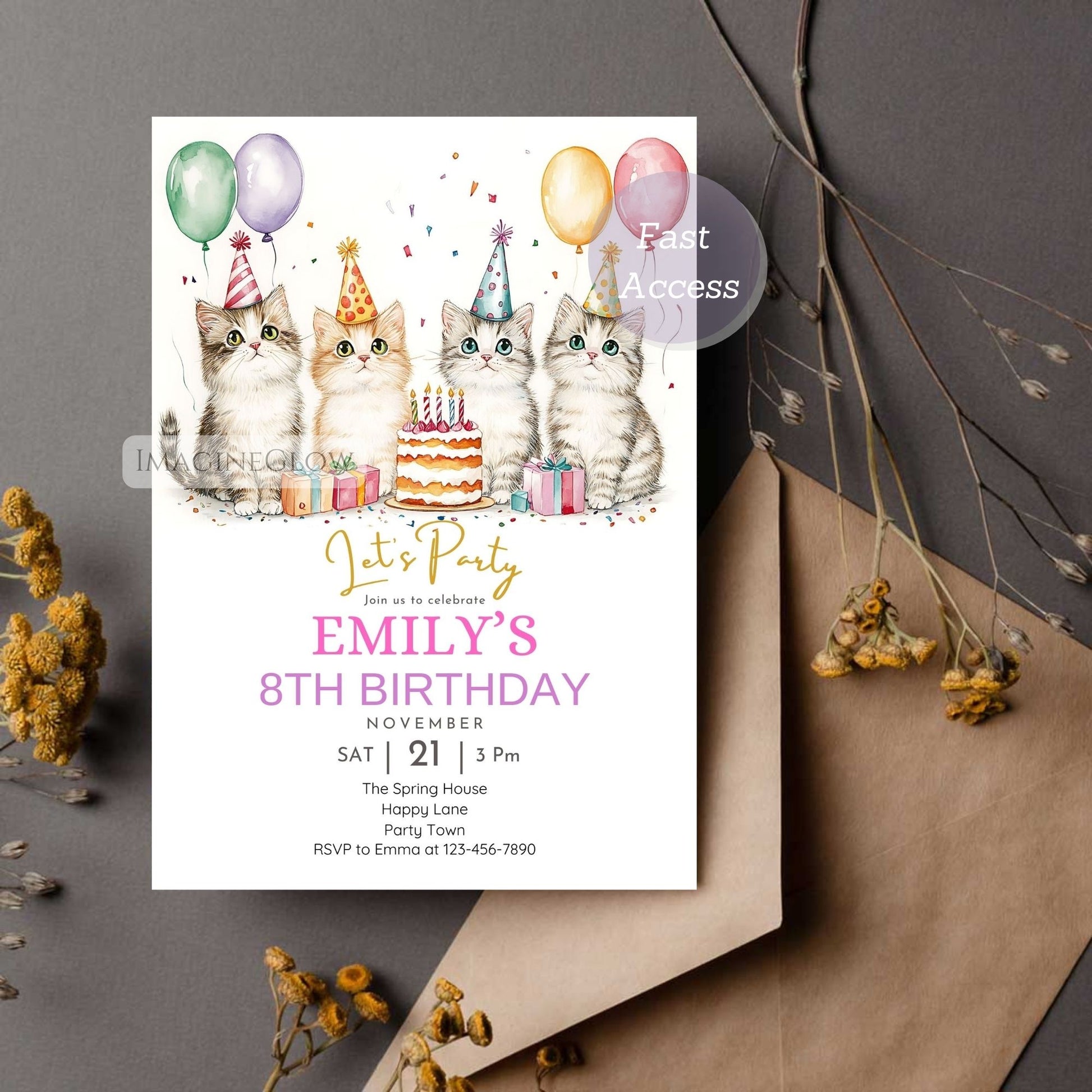 Digital kitten invitation for toddler girls party