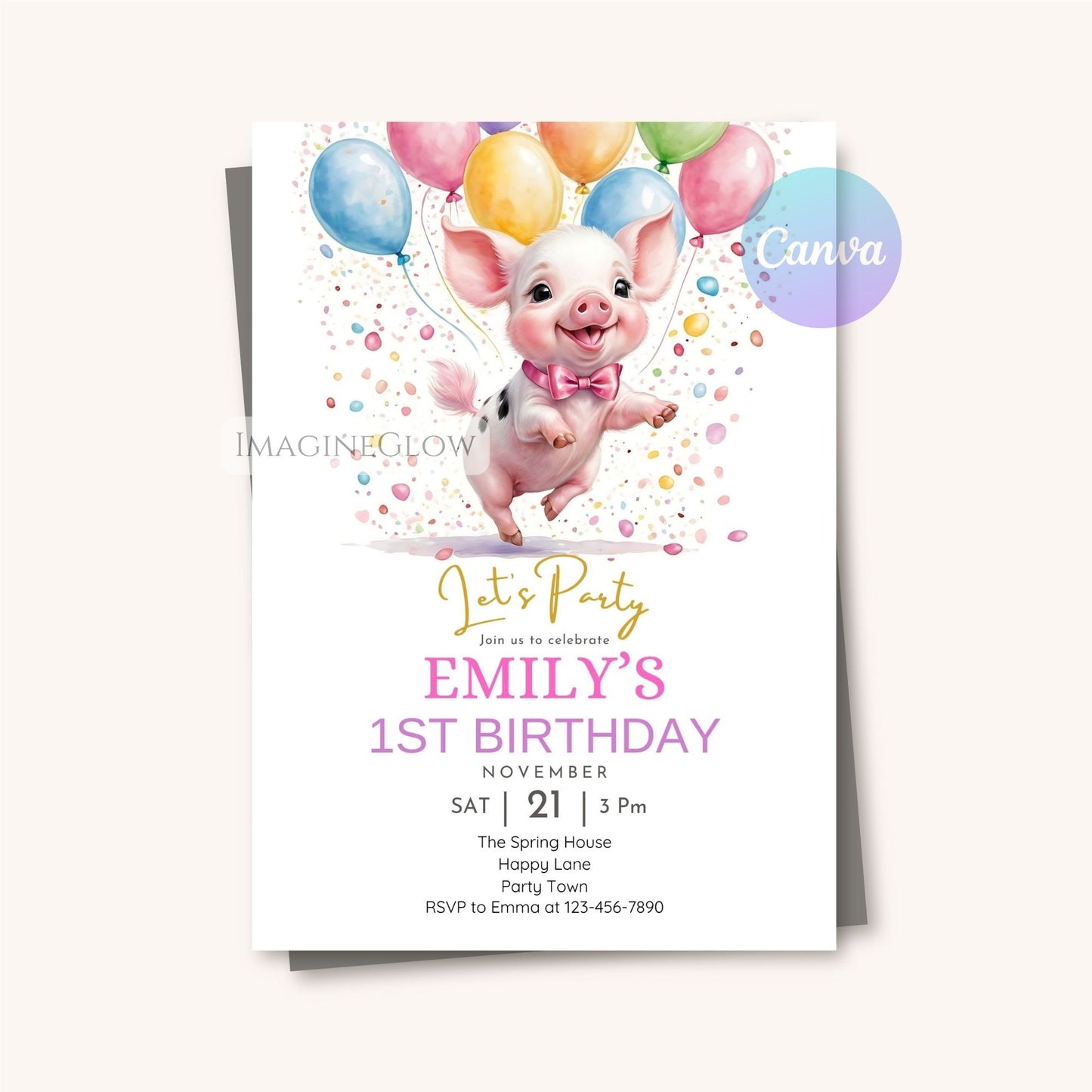 Cute pig birthday invitation for a farm-themed celebration