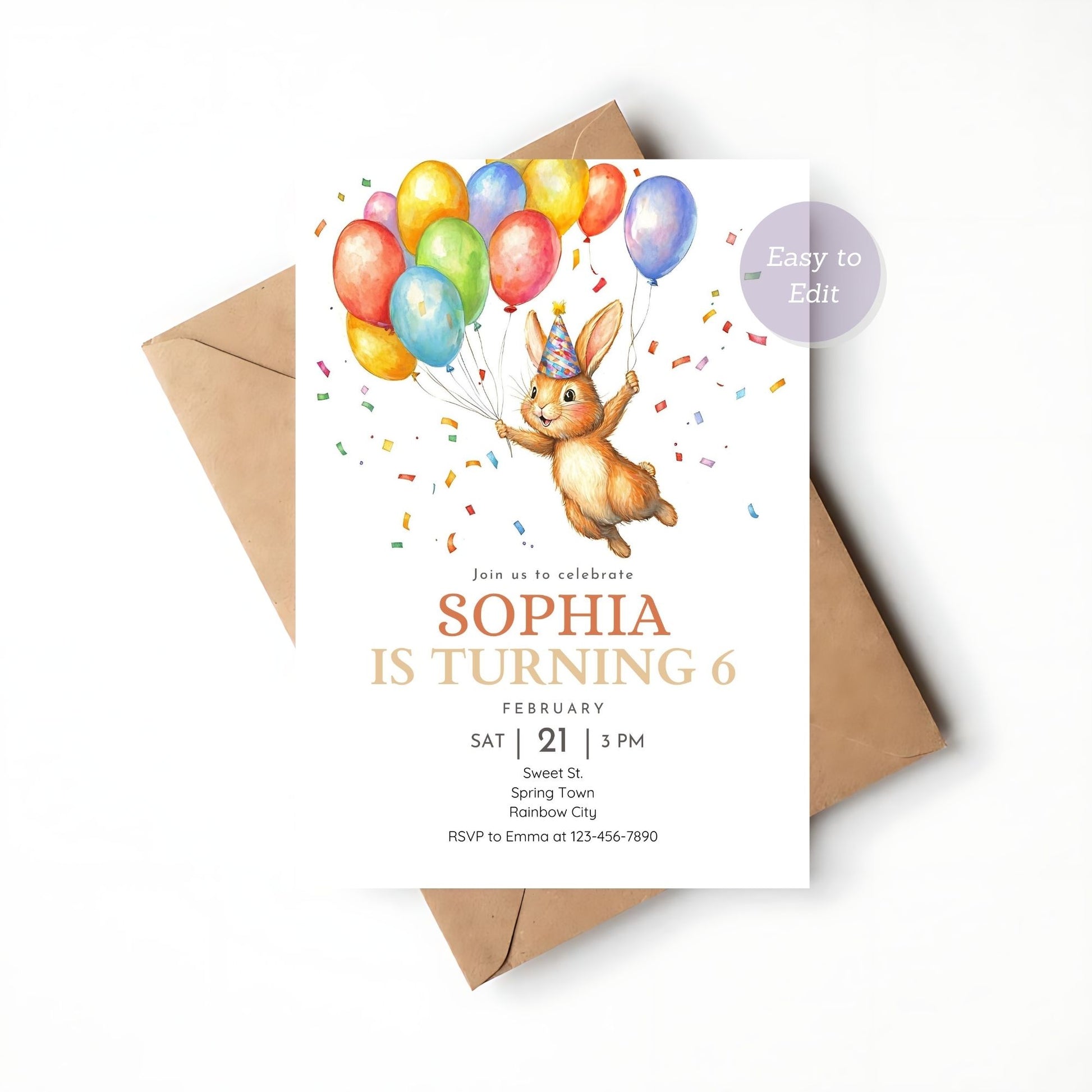 Printable bunny birthday card with a fun and festive design.