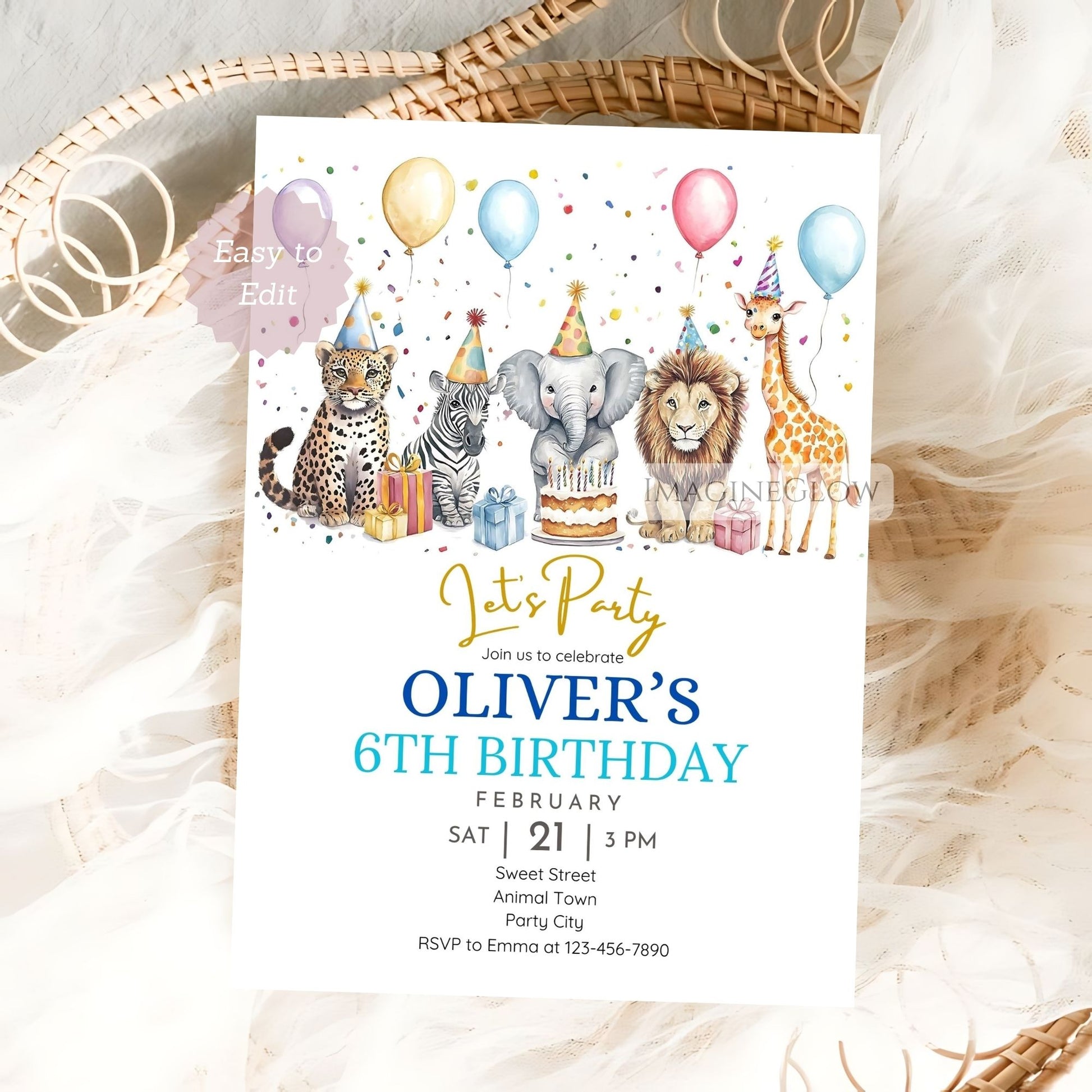 Watercolor jungle animal birthday invitation
Printable safari birthday party invite for kids