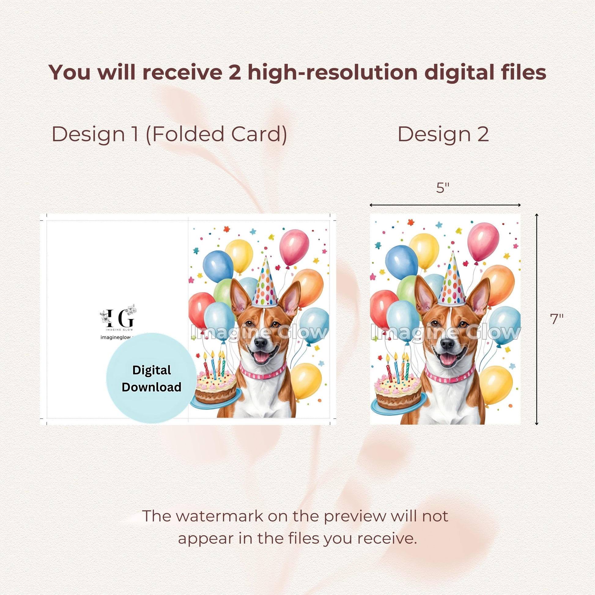 Cute Basenji dog-themed greeting card for birthdays, ready to print.
