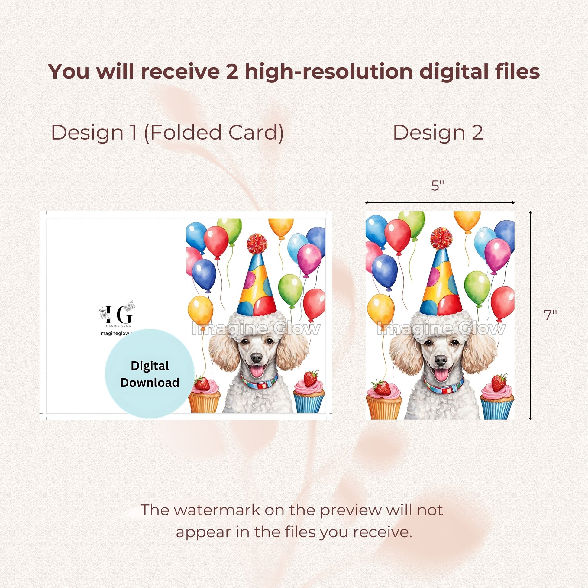 Cute Poodle dog design on a printable birthday card