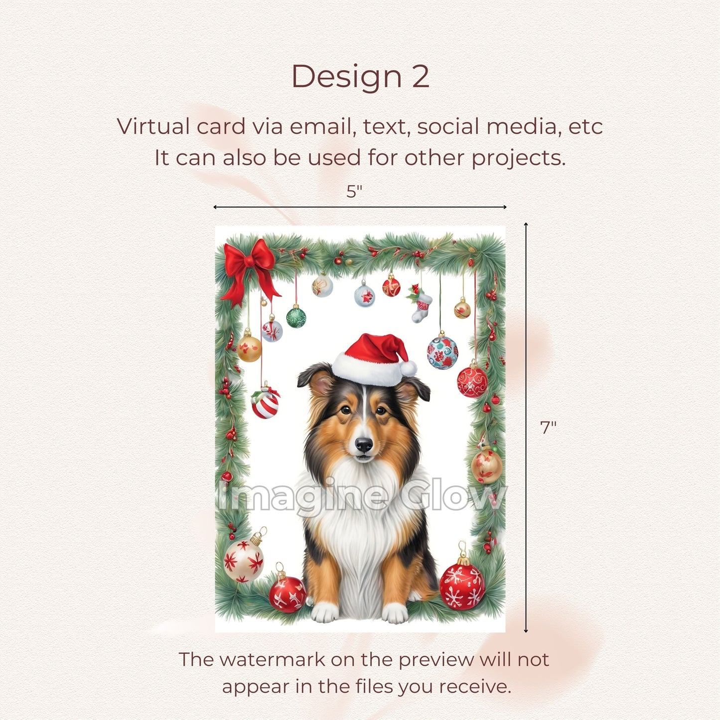 Cute Rough Collie dog Christmas card for festive greetings.