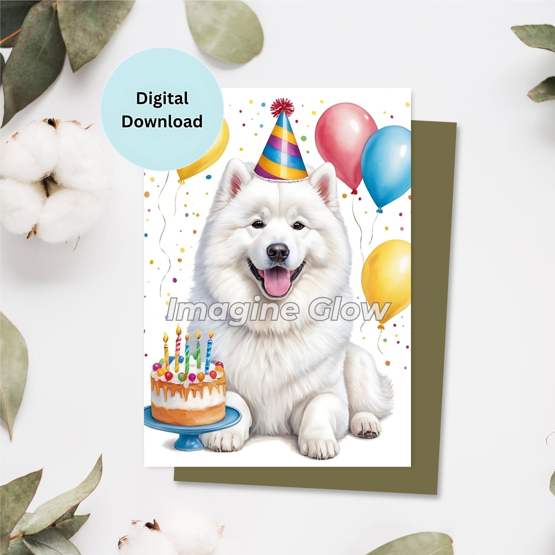 Cute Samoyed dog design on a printable birthday card.