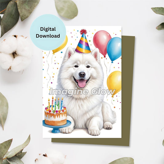 Cute Samoyed dog design on a printable birthday card.