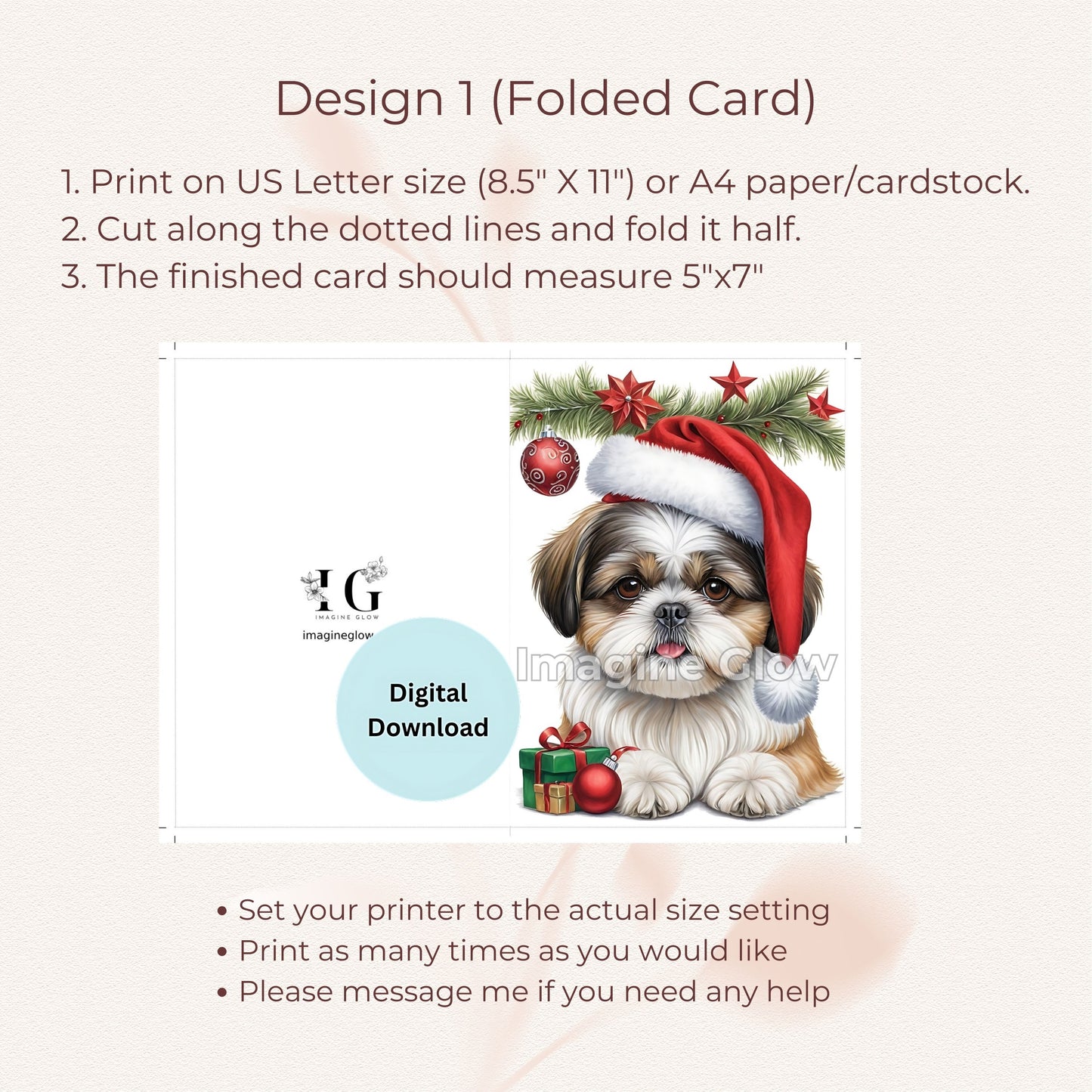 Cute Shih Tzu dog printable Christmas card for dog lovers.