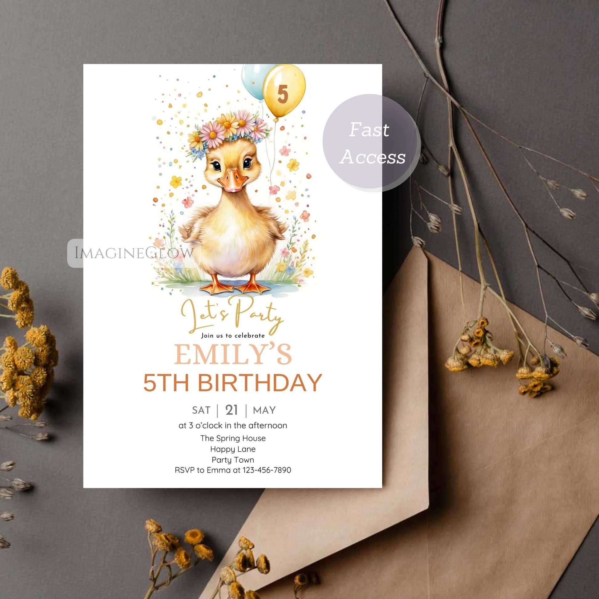 Spring duck birthday invite with cartoon duck