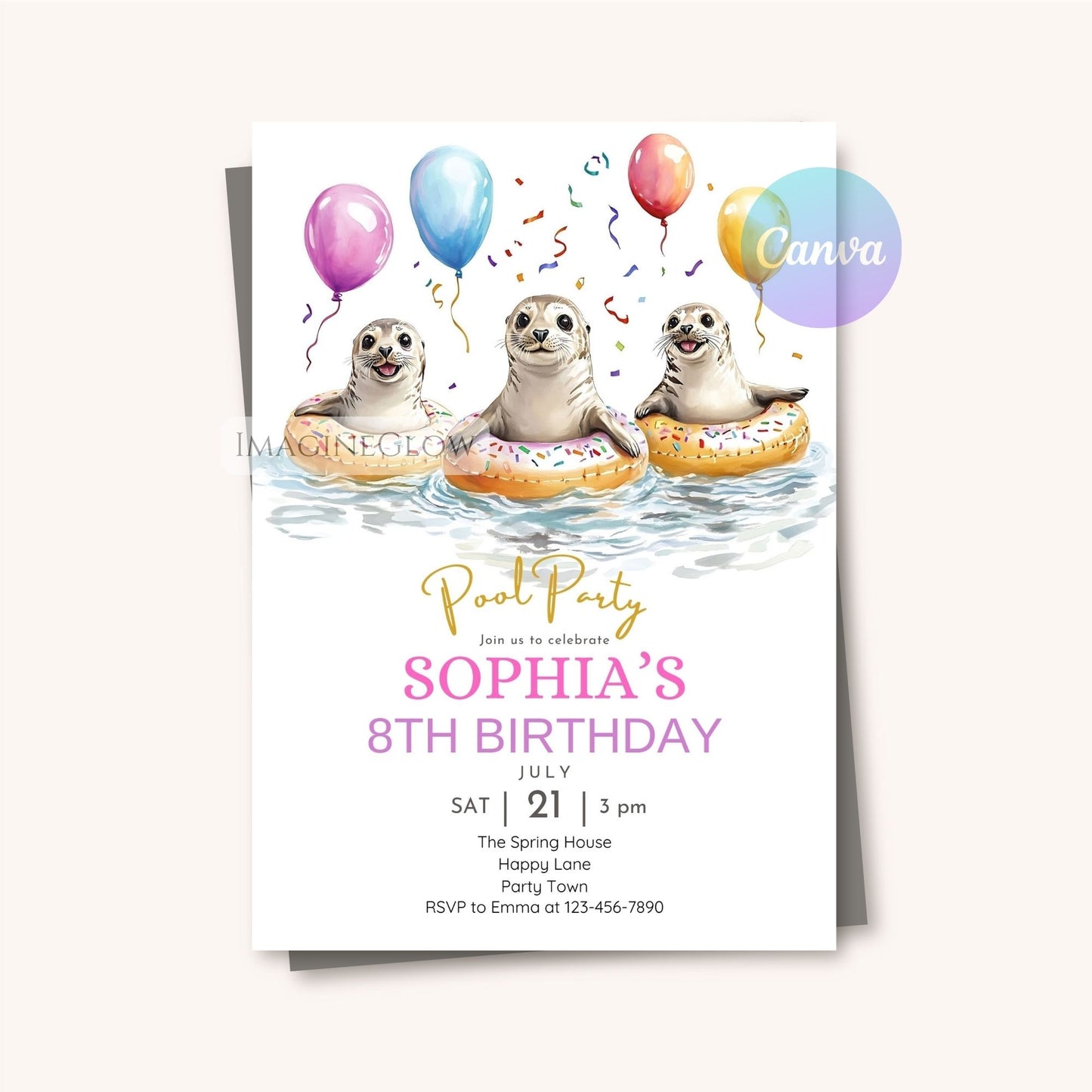 Seal Pool Party Birthday Invitation - Cute Ocean Animal Summer Party Invite