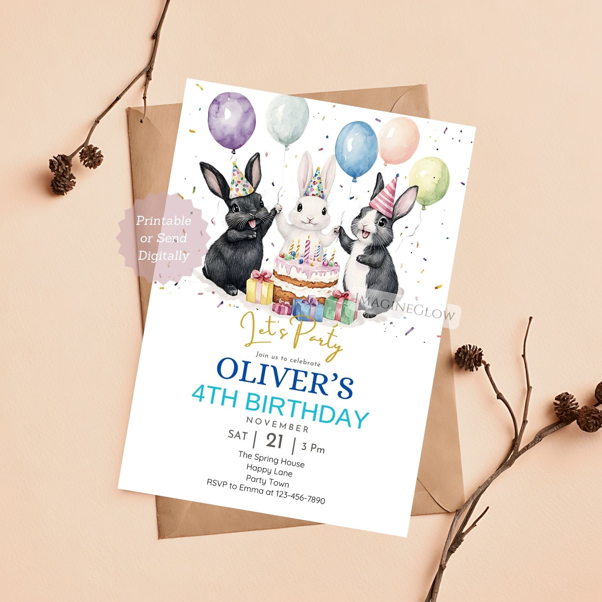 Three bunnies birthday invitation for kids